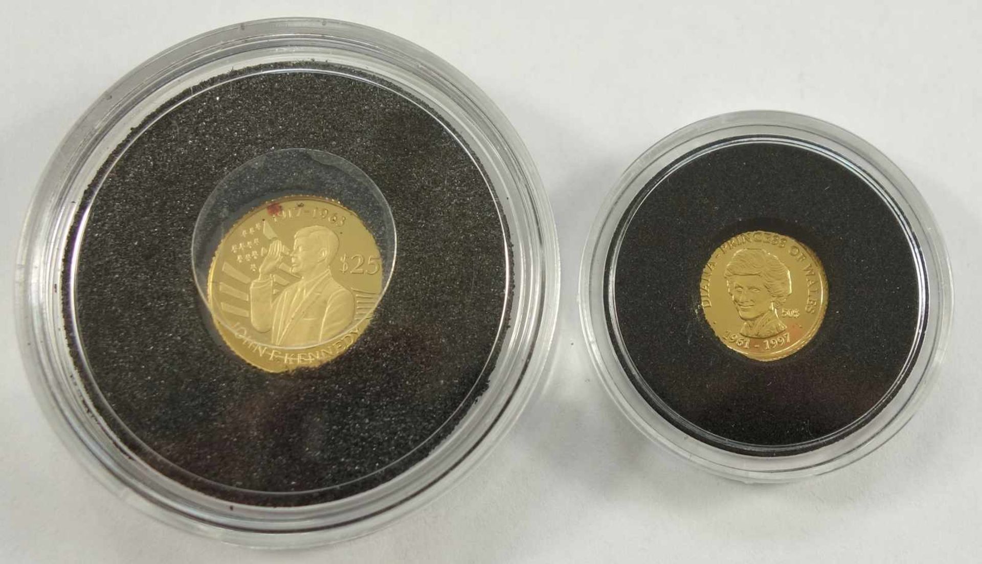 2 Goldmünzen, 999er Gold, Gesamt-Gew.1,75g, pp, in Kapsel; 50 Dollars, Lady Diana, D.11mm, mit