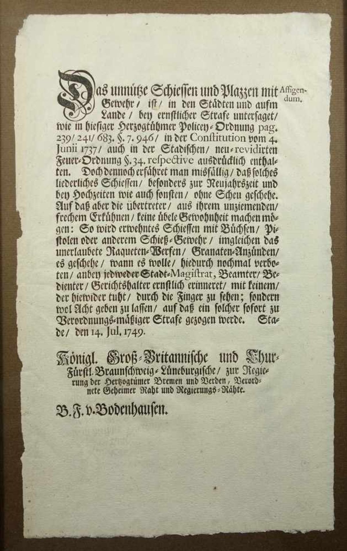 3 Dekrete / Erlässe, Anf. 19. Jh. u.a. aus dem Raum Bremen: 1. Verbot von Schützenfesten oder