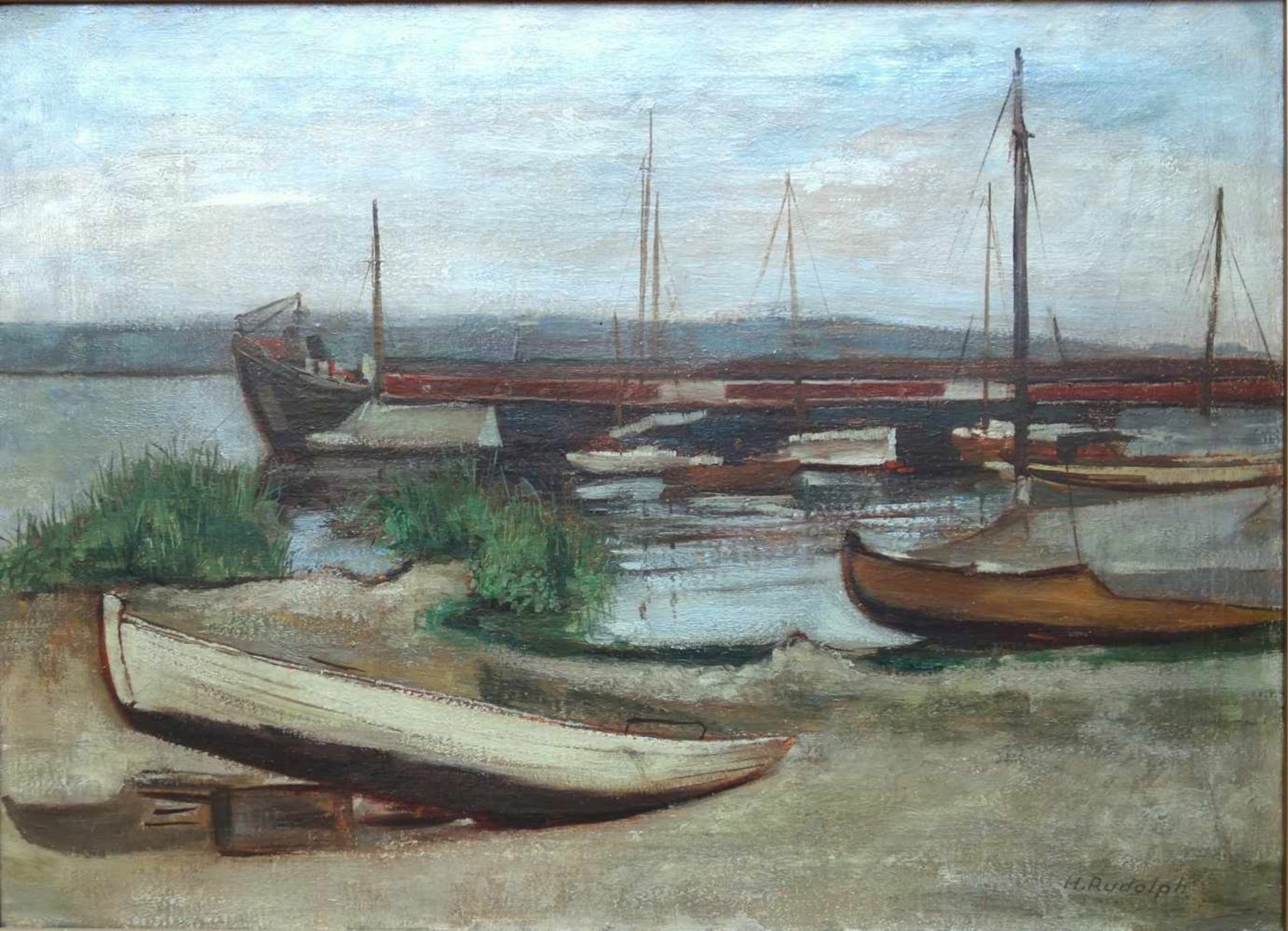 Hans Rudolph (1911, Niederwiesa - 1975, Frankenberg), "Boote am Elbufer", Mitte 20. Jahrhundert, - Bild 2 aus 4