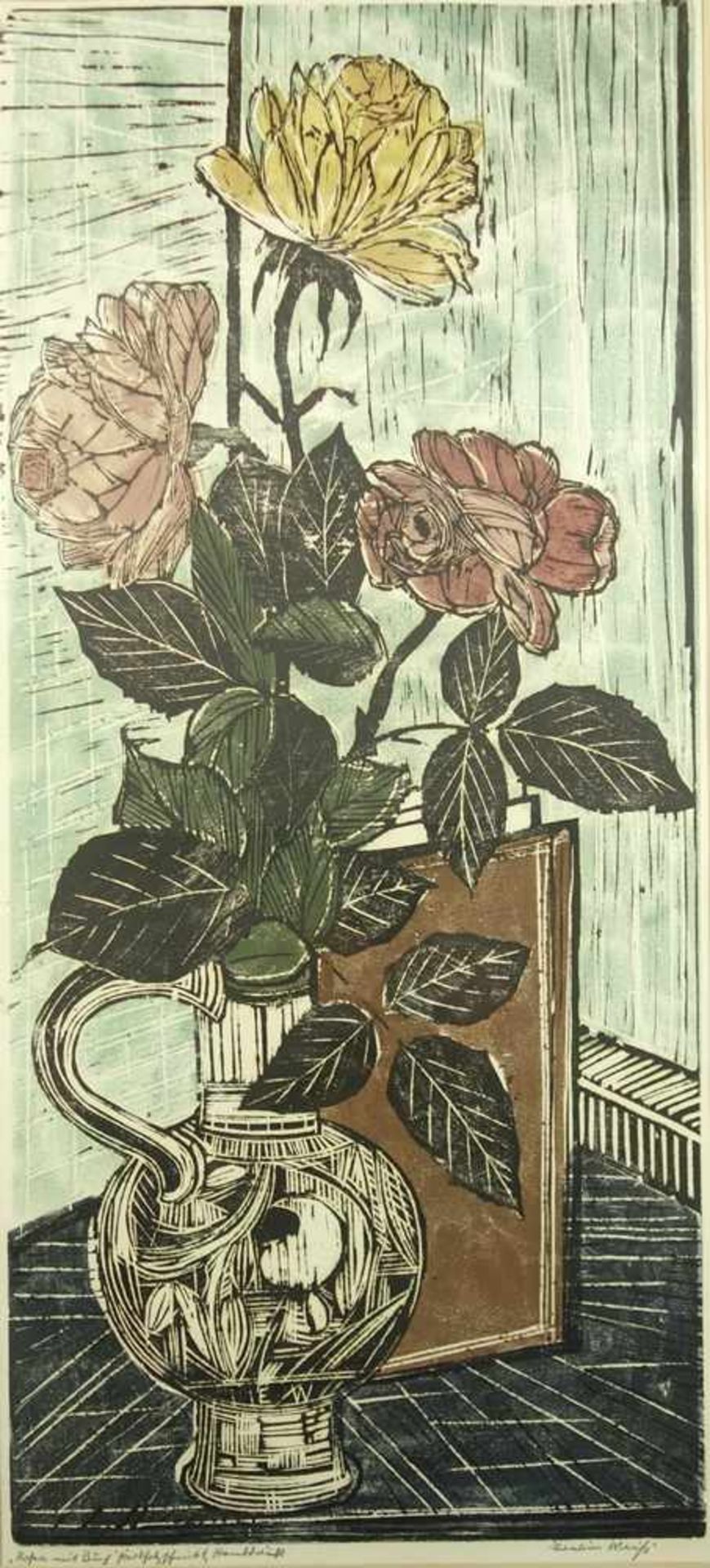 Erwin Weiß (1899, Dresden - 1979, Erfurt), "Rosen mit Buch", Farbholzschnitt, unten links betitelt