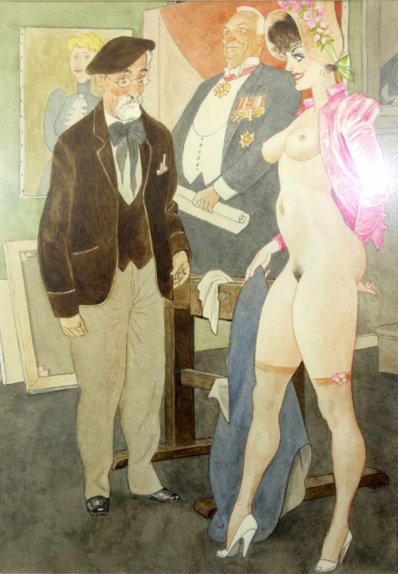 unbekannter Künstler "Der Porträtist und sein Modell", 1950er Jahre, Aquarell/Karton, unten rechts