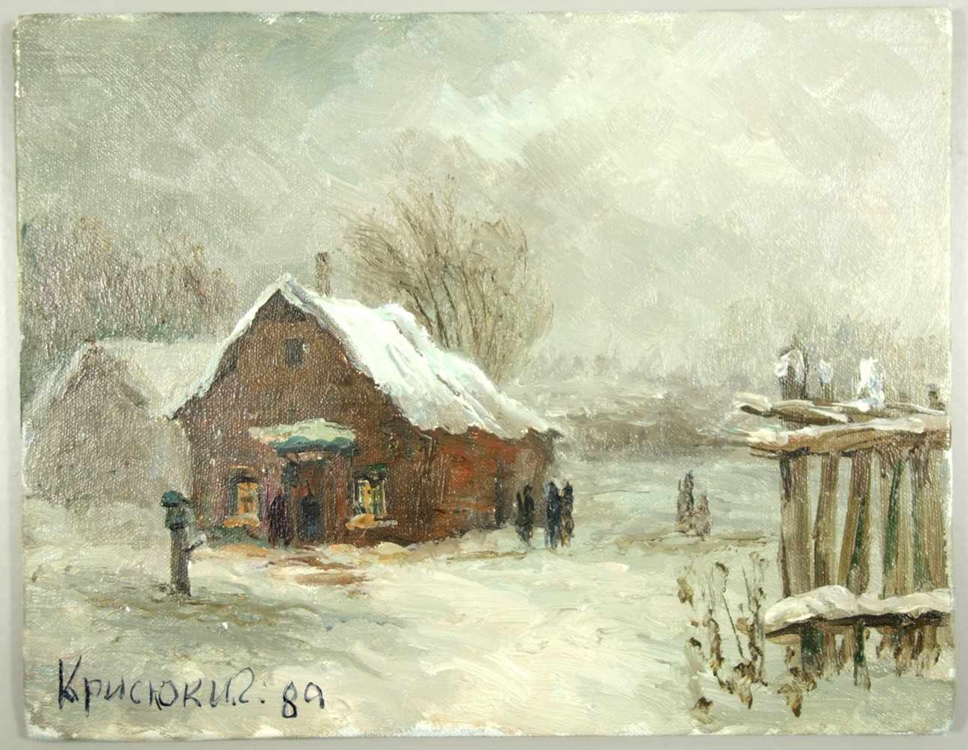 unbekannter Maler, "Winterlandschaft mit Hütte", 1989, Öl/Malkarton, unten links kyrillisch