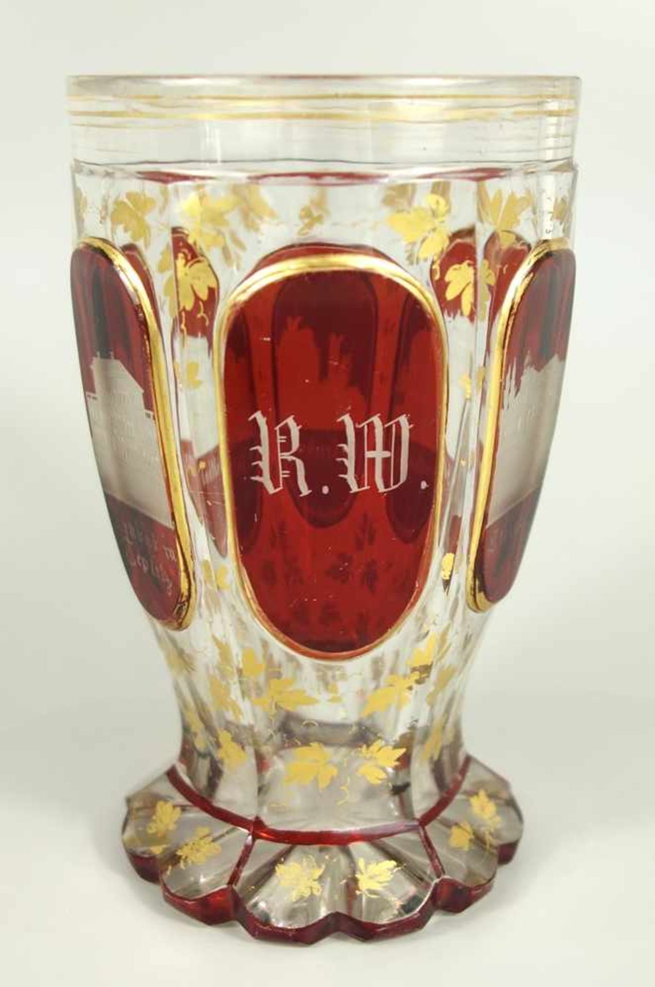 Bäderbecher "Teplitz", Böhmen um 1850, Kristallglas mit Rubinätze, Boden mit Kerbschliff, Wandung - Bild 4 aus 4