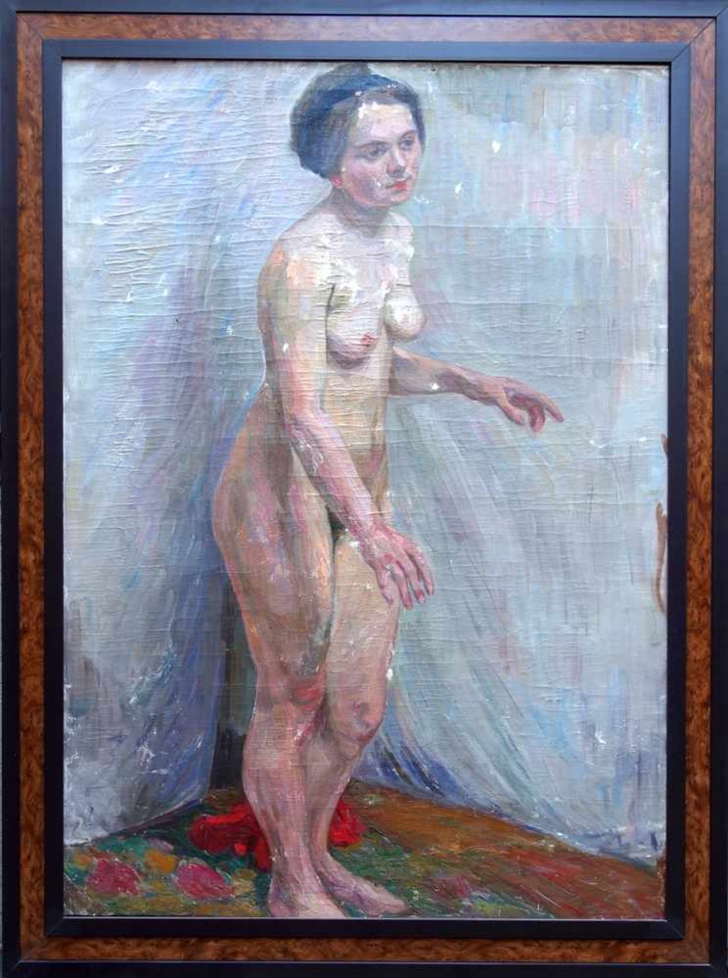 unbekannter Impressionist, "Stehender weiblicher Akt", um 1900, Öl/Lw., unbekleidete Dame mit - Bild 2 aus 5