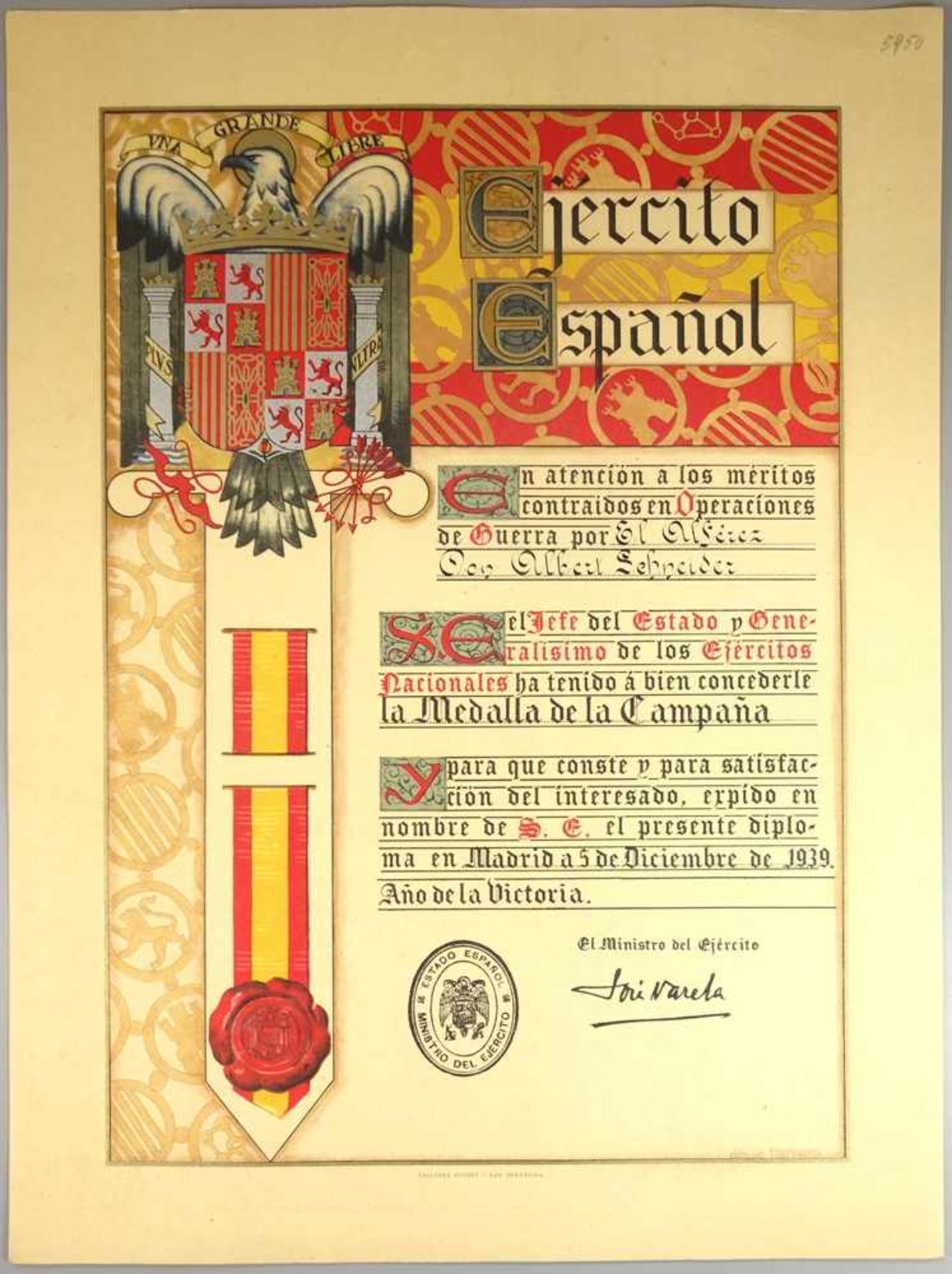 2 originale, spanische Verleihungsurkunden für ein Mitglied der Legion Condor: La Medalla de la - Bild 3 aus 4