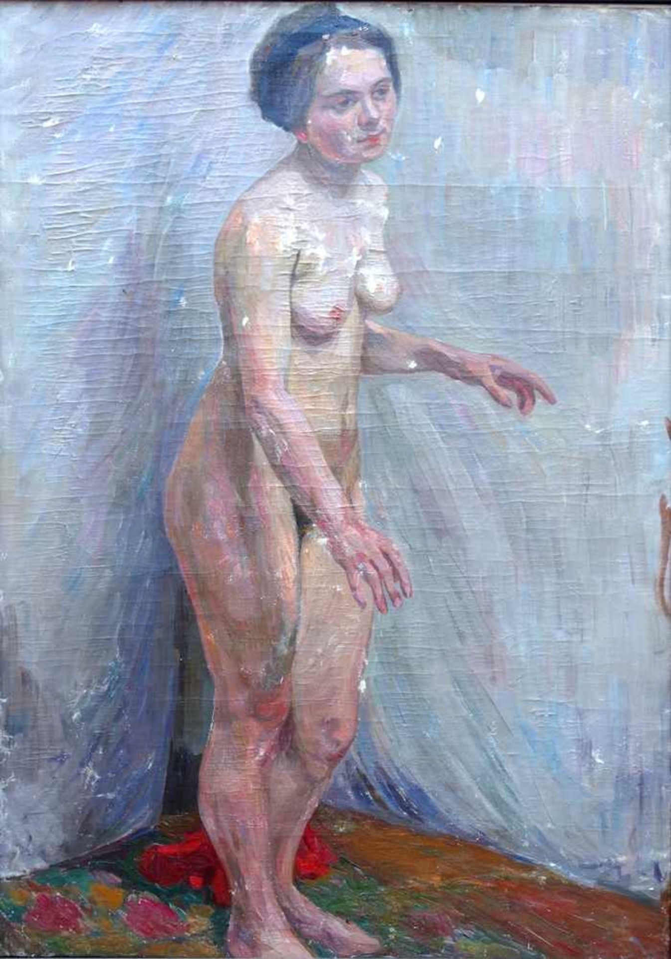 unbekannter Impressionist, "Stehender weiblicher Akt", um 1900, Öl/Lw., unbekleidete Dame mit