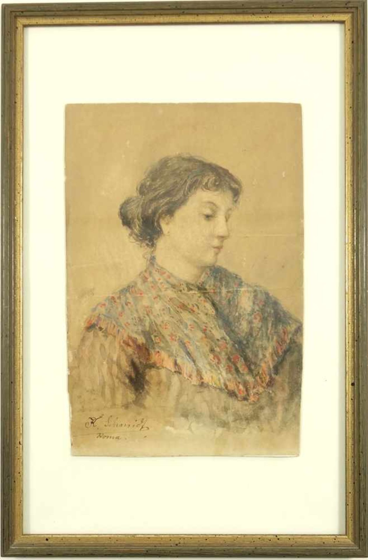 R. Schmidt, "Porträt einer Italienerin", 2. Hälfte 19. Jahrhundert, Aquarell/Papier, unten links - Bild 2 aus 3
