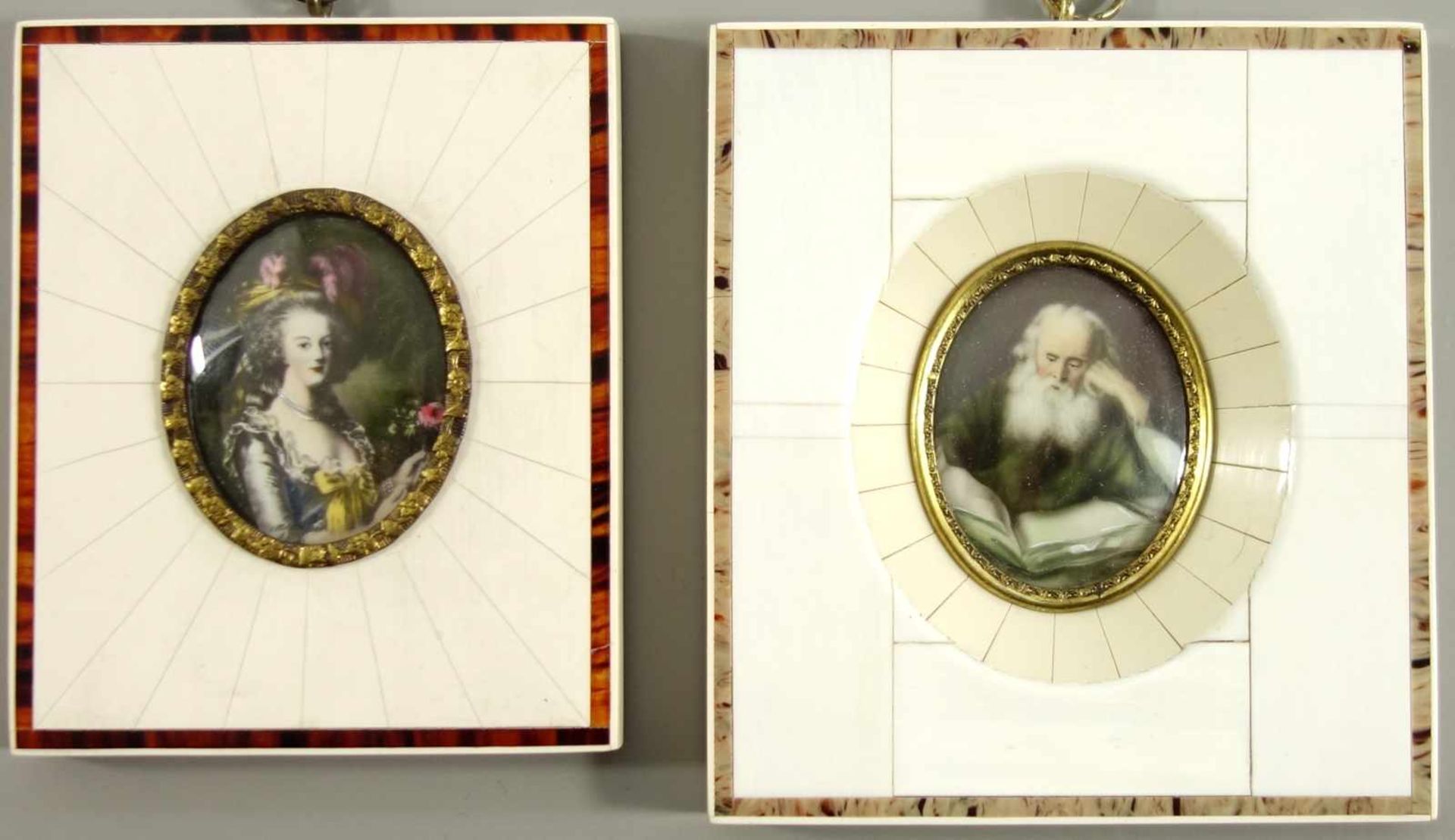 2 Miniaturmalereien, 1*"Marie-Antoinette", 1* "Der Eremit", Gouache auf Bein, 2. Hälfte 20.