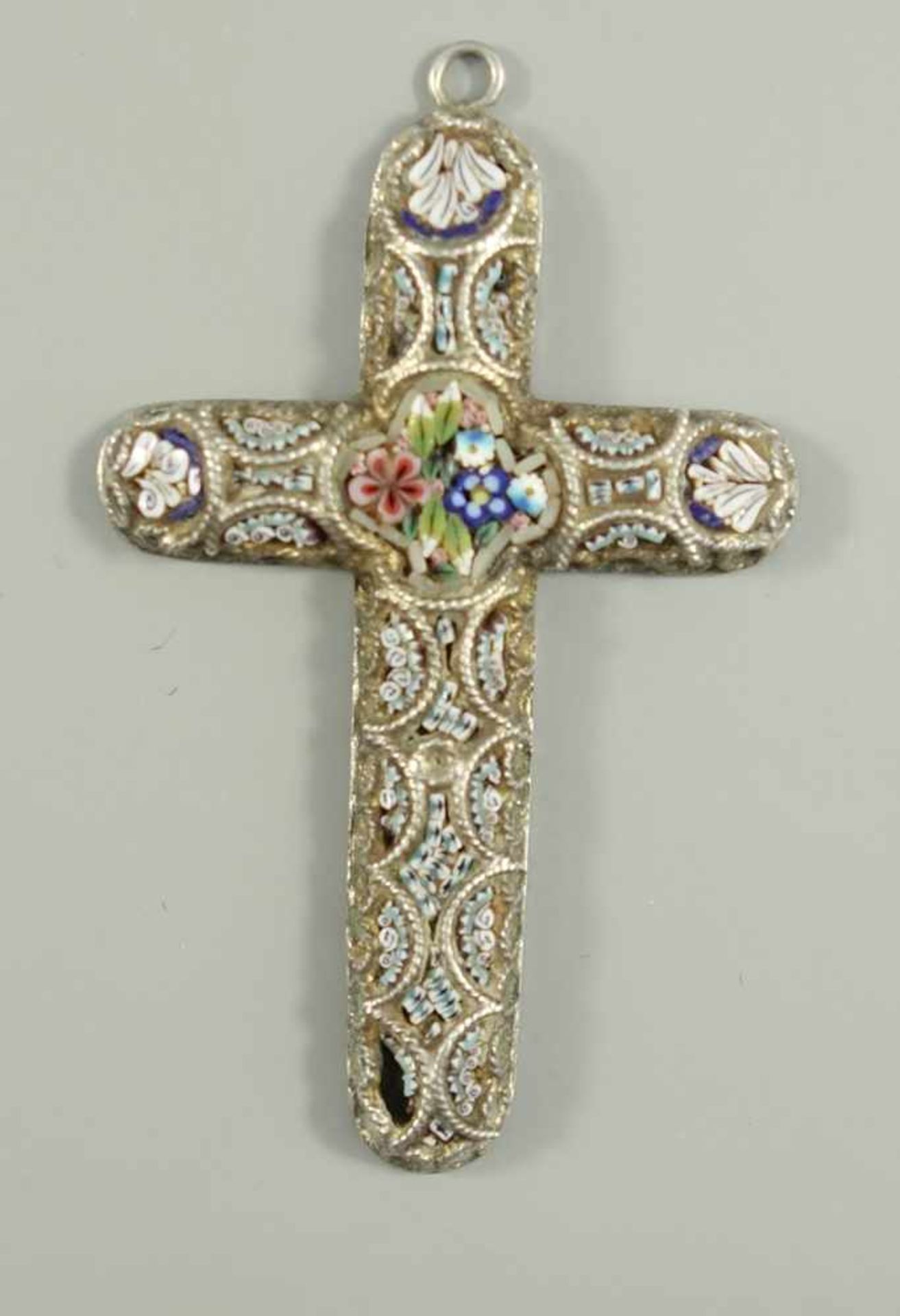 Millefiori-Kreuz, 800er Silber, Italien um 1920, Gew.3,31g, feine Mosaikarbeit, tlw.kleine