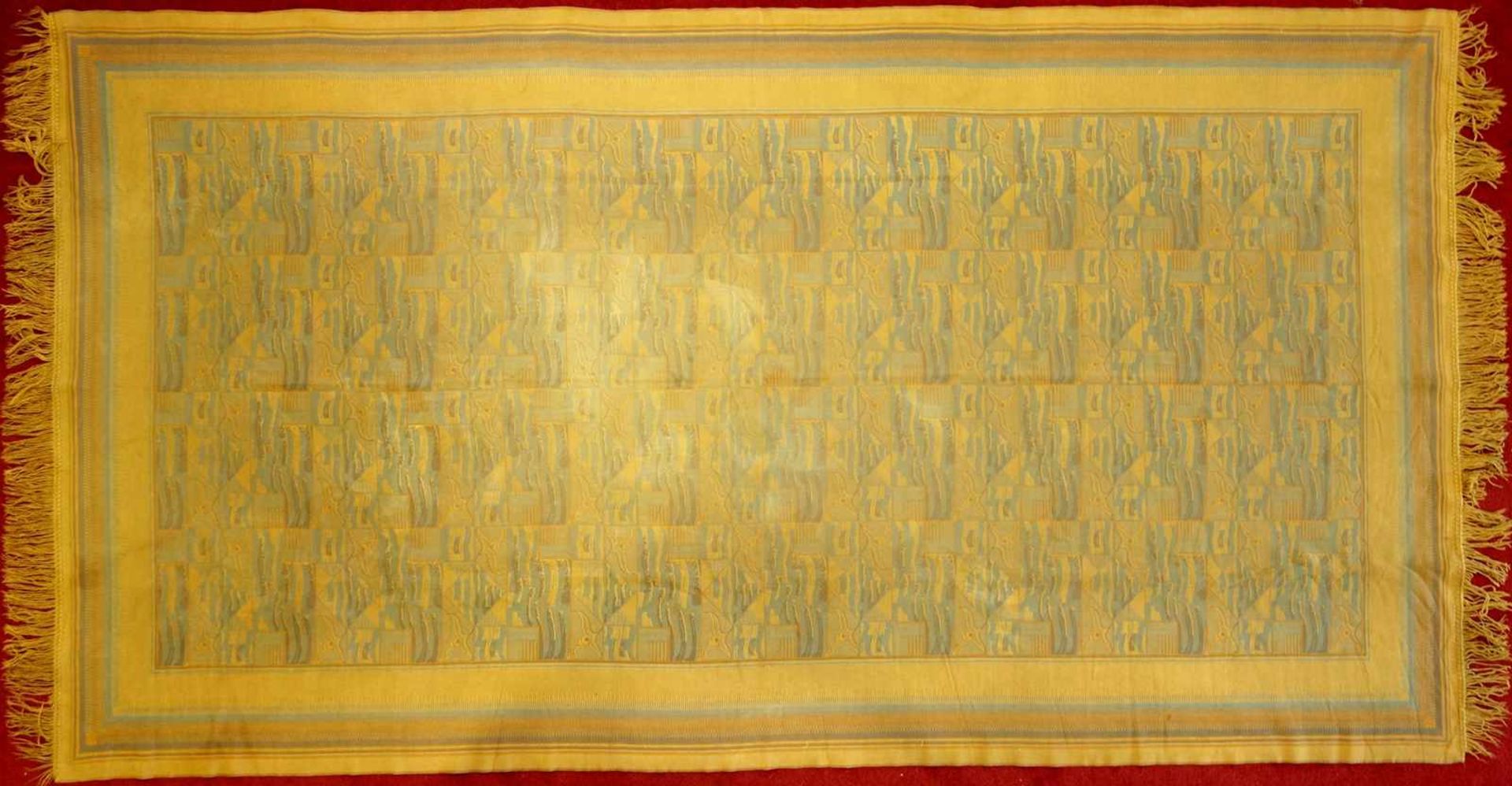 Tischdecke, Art deco, 1920/30er Jahre, eingewebtes orange-blaues, geometrisches Muster, zweiseitig
