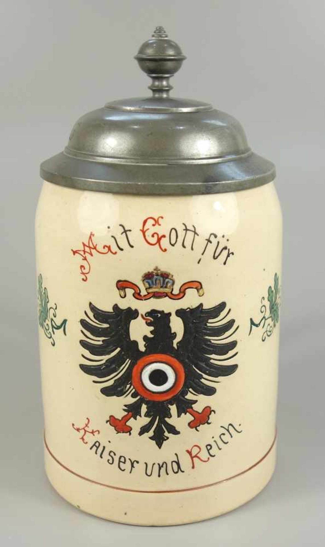 patriotischer Bierkrug, Merkelbach&Wick, um 1900, elfenbeinfarbene Keramik, 1/2 Ltr., schauseitig