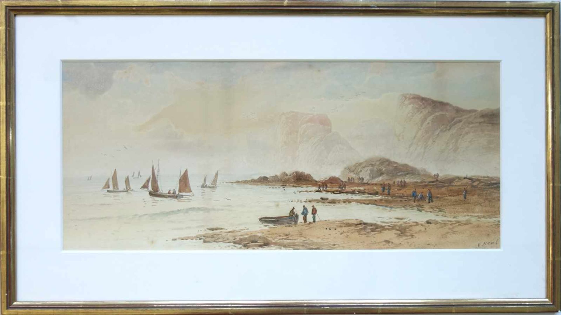Edward Nevil , "Fischer an felsiger Küste", 2. Hälfte 19. Jahrhundert, Aquarell, unten rechts - Image 2 of 2