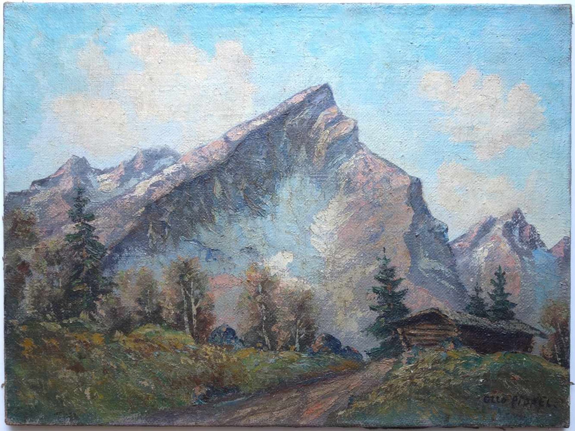 Otto Pippel (1878, Łódź - 1960, Planegg), "Alpenlandschaft mit Berghütte", Öl/Lw., unten rechts