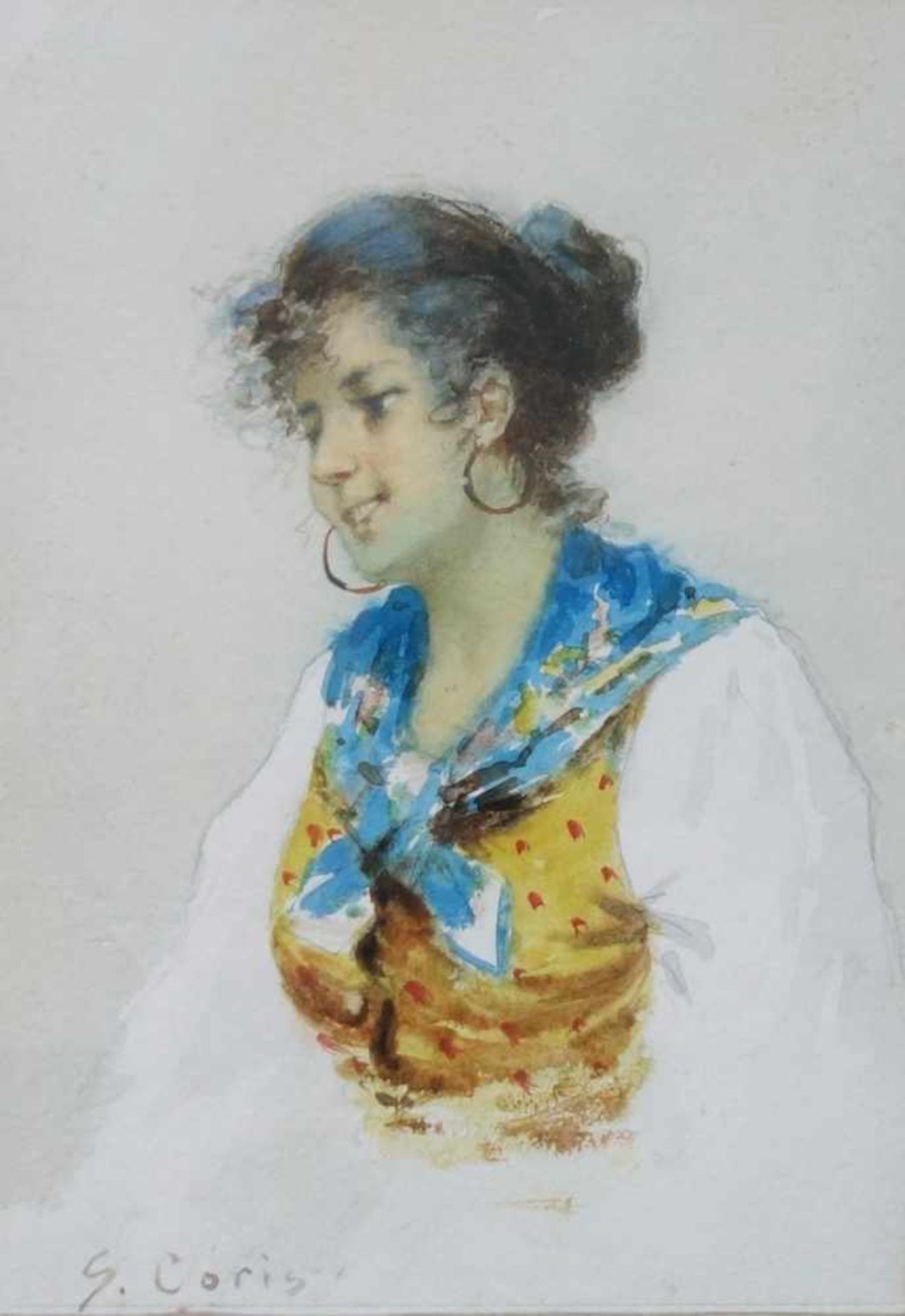 S. Coris (19./ 20. Jahrhundert), "Brustporträt einer jungen Italienerin", Aquarell/ Karton, unten