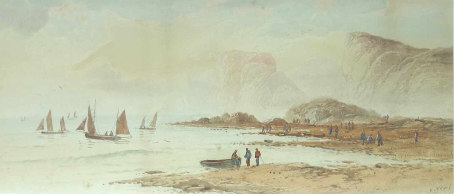 Edward Nevil , "Fischer an felsiger Küste", 2. Hälfte 19. Jahrhundert, Aquarell, unten rechts