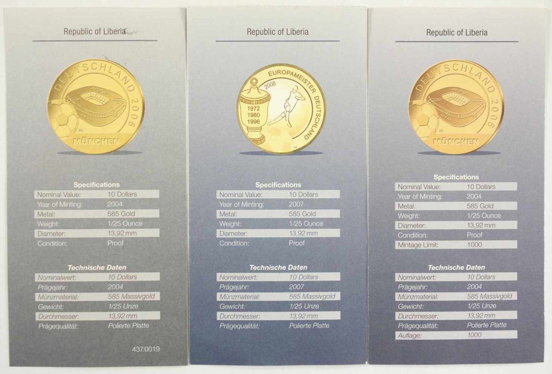 3 Goldgedenkmünzen Fußball á 1/25 Unze, 585er Gold, 2* "Fußballstadion München 2006", 1* " - Bild 2 aus 2