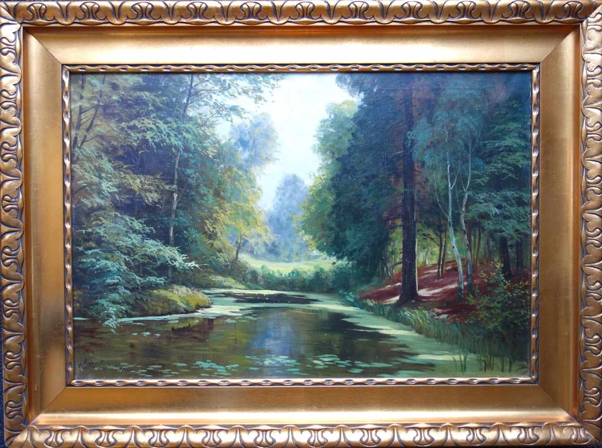 Max Gebert (1886-1958, in Hamburg tätig) "Waldlandschaft mit See", 1926, Öl/Lwd., unten links