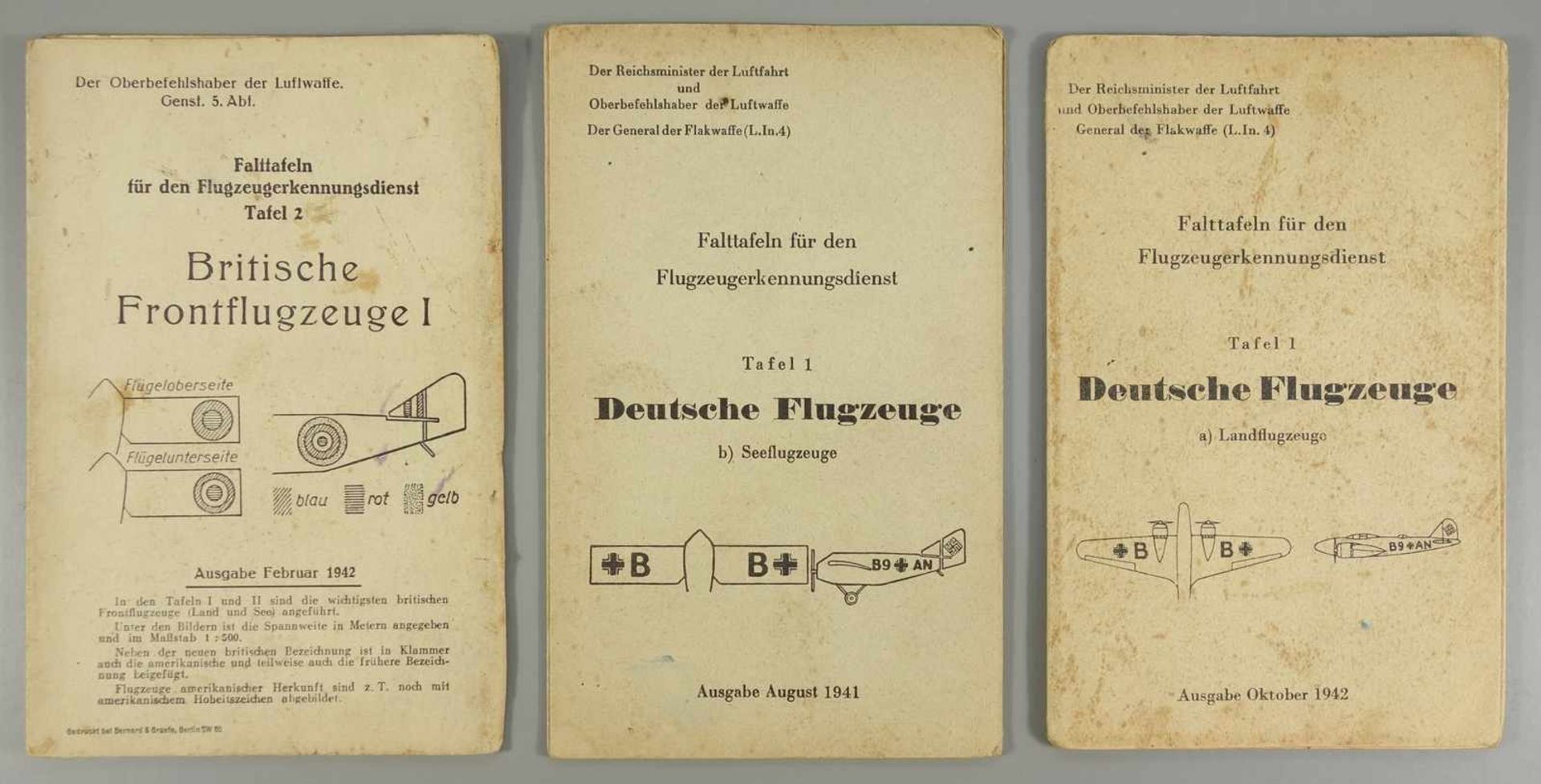 3 Flugzeugerkennungsdienst-Tafeln, II.WK; diverse Flugzeugabbildungen; Tafel 1:" Deutsche