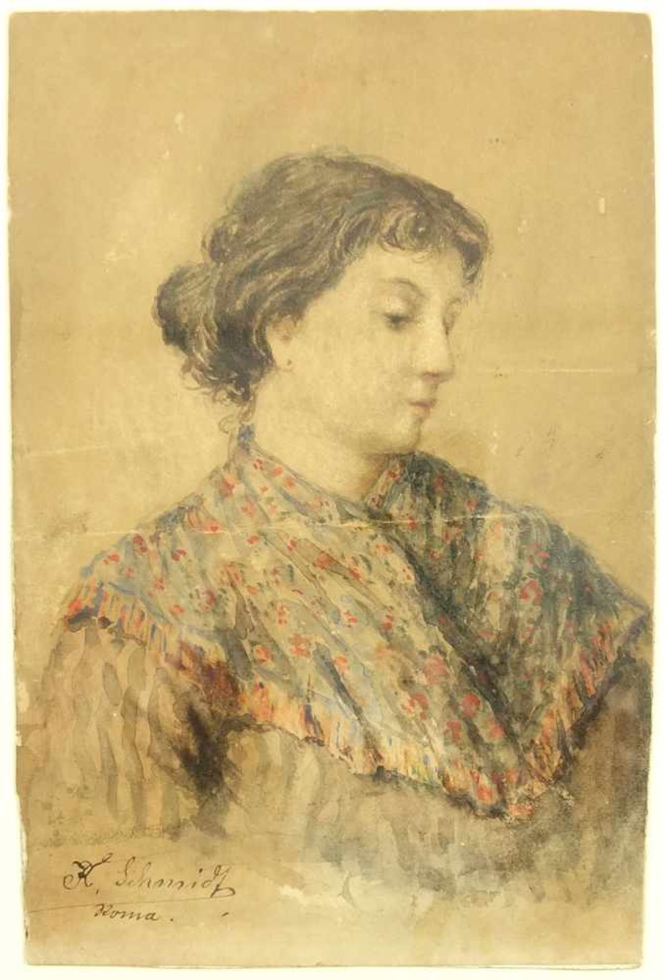 R. Schmidt, "Porträt einer Italienerin", 2. Hälfte 19. Jahrhundert, Aquarell/Papier, unten links