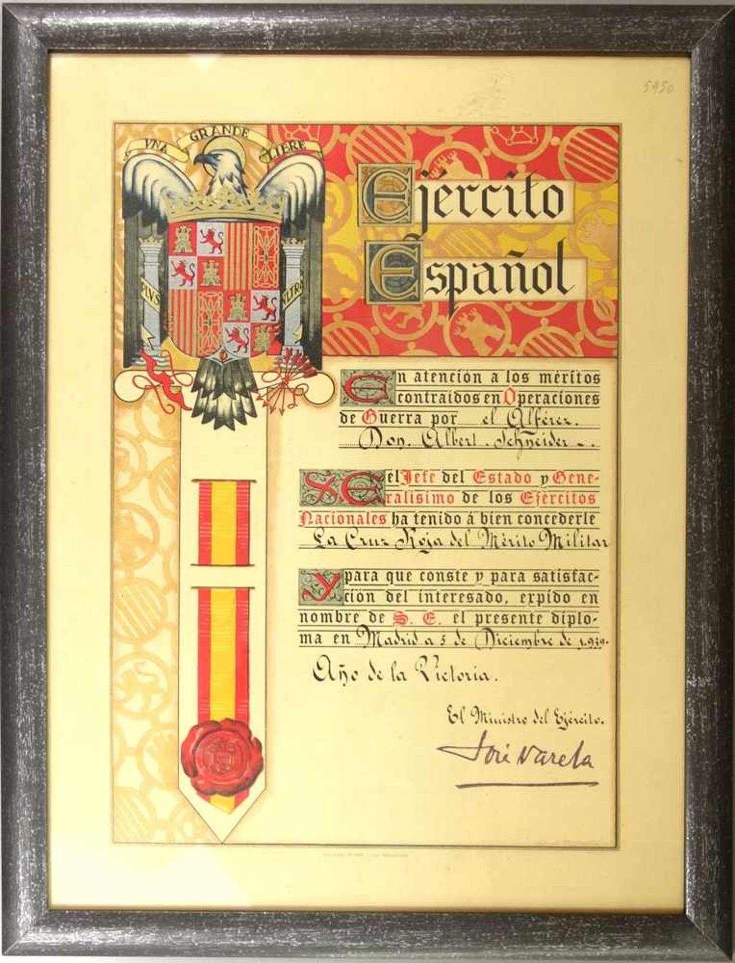 2 originale, spanische Verleihungsurkunden für ein Mitglied der Legion Condor: La Medalla de la - Bild 2 aus 4