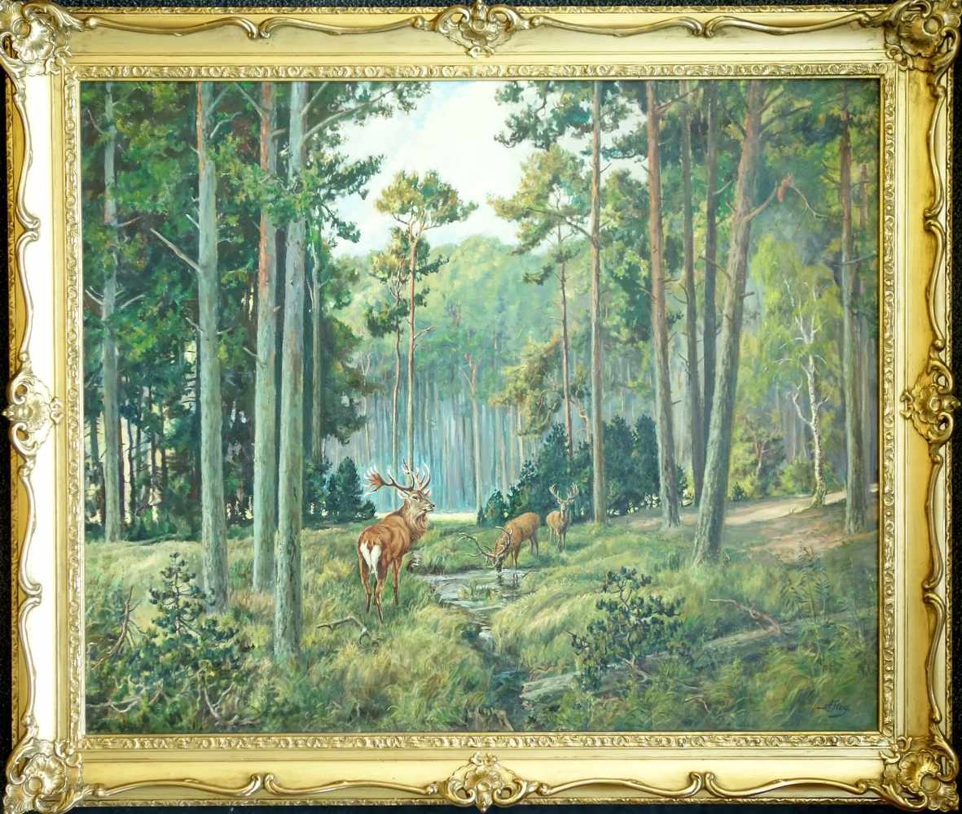 Alexander Stoy (1875, Sangerhausen - 1949, Magdeburg), "Harzer Waldlichtung mit Hirschen", um