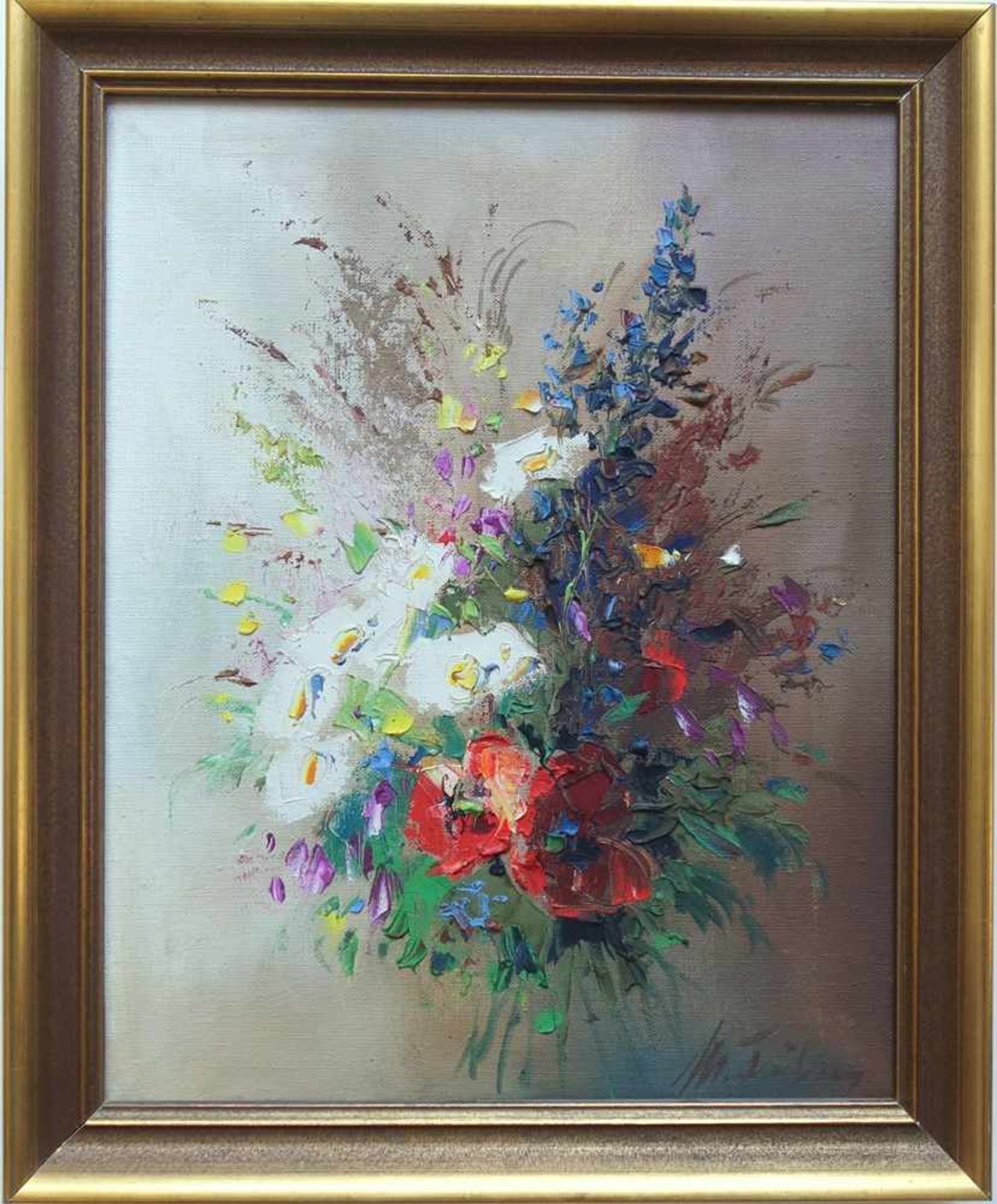 Manfred Feiler (*1925, Plauen) "Blumenbouquet mit Klatschmohn", 2. Hälfte 20. Jahrhundert, Öl/