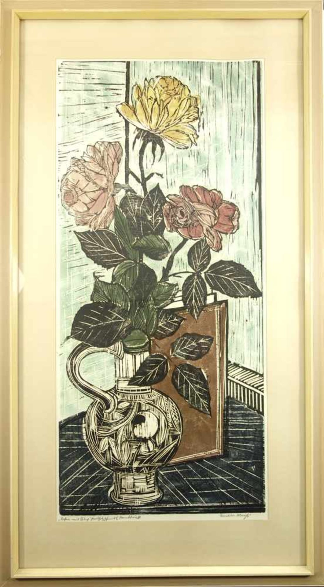 Erwin Weiß (1899, Dresden - 1979, Erfurt), "Rosen mit Buch", Farbholzschnitt, unten links betitelt - Bild 2 aus 3
