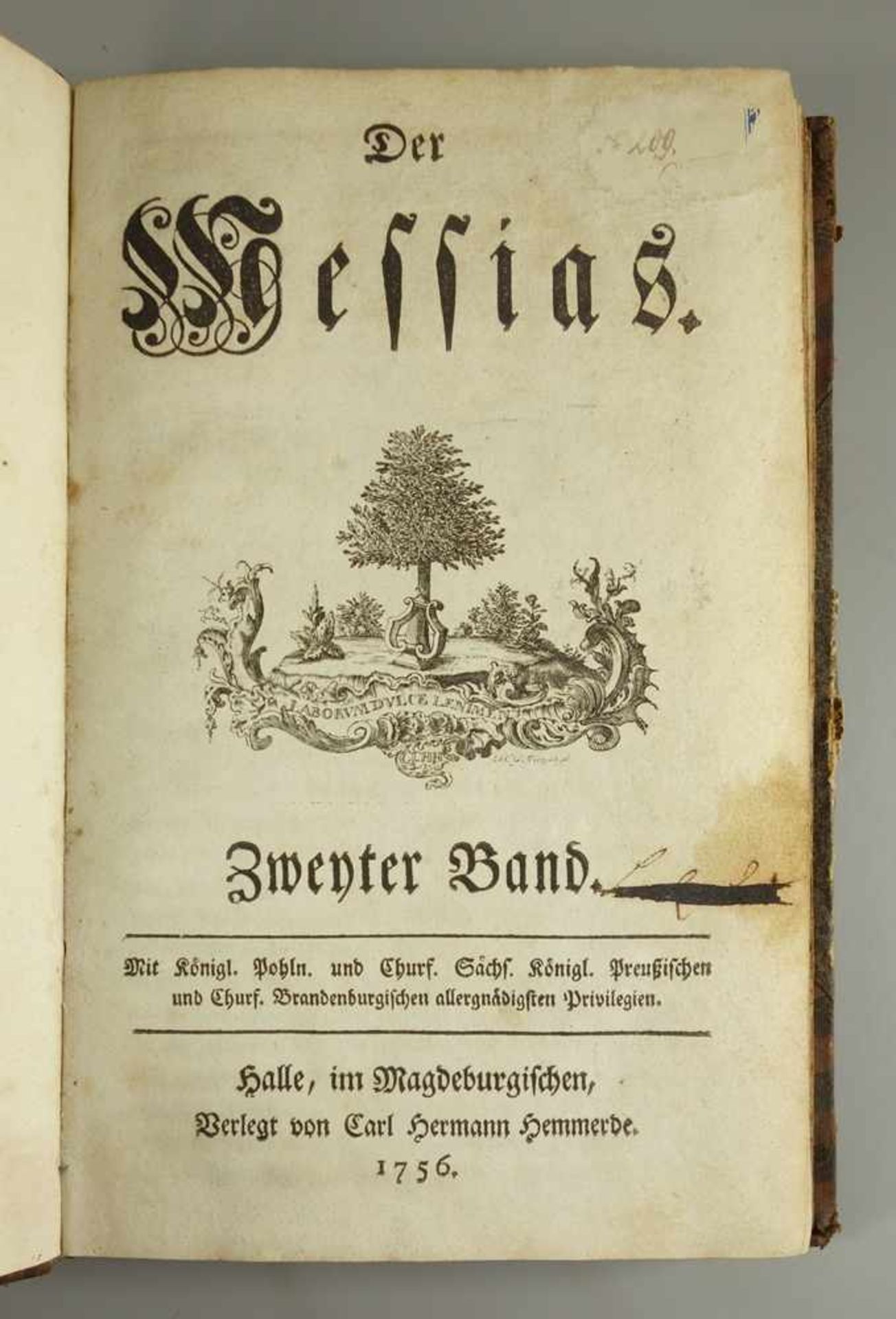 "Der Messias", Zweyter Band, Halle, im Magdeburgischen, verlegt von Carl Hermann Hemmerde, 1756, 160