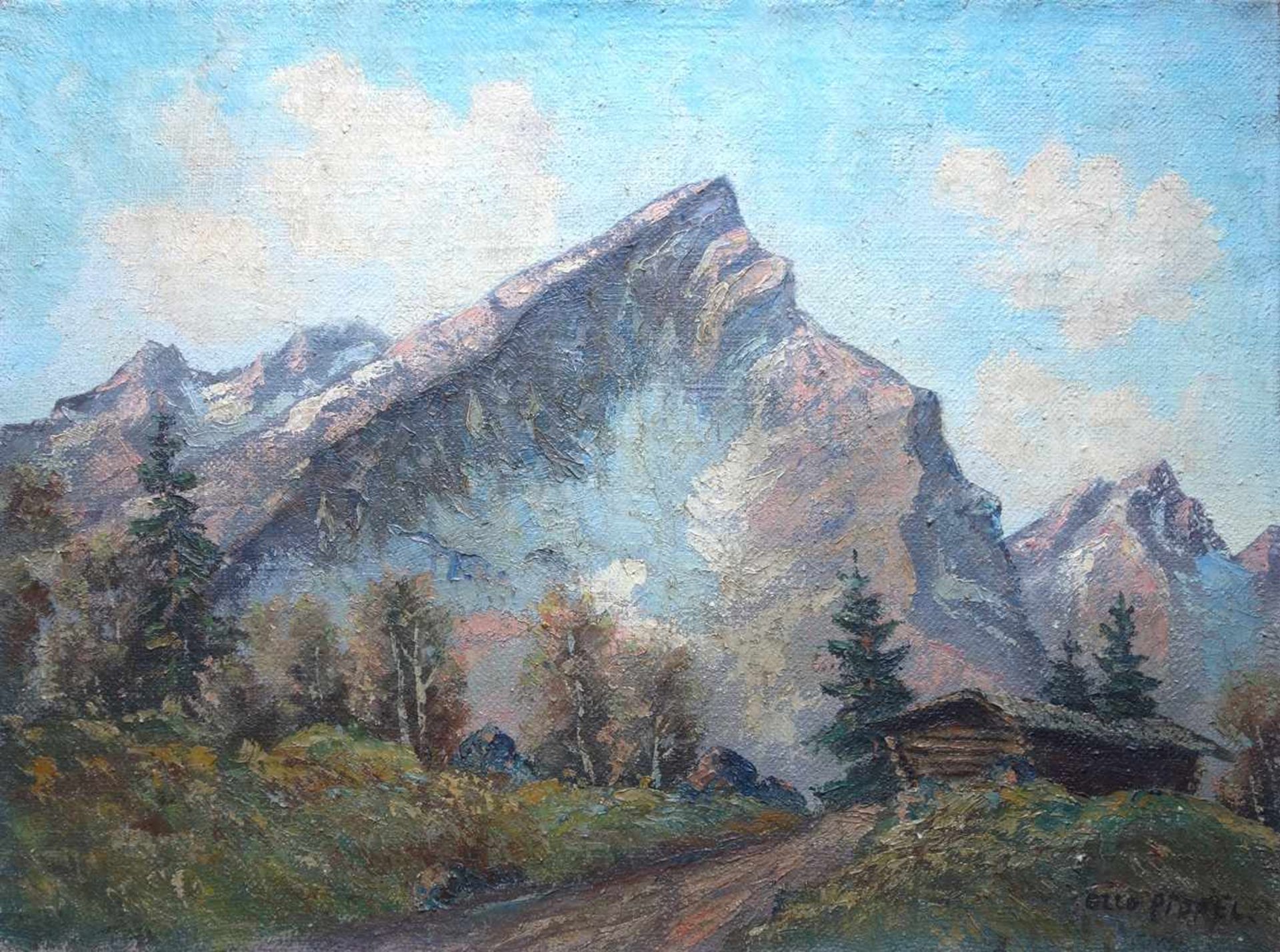 Otto Pippel (1878, Łódź - 1960, Planegg), "Alpenlandschaft mit Berghütte", Öl/Lw., unten rechts - Bild 2 aus 4