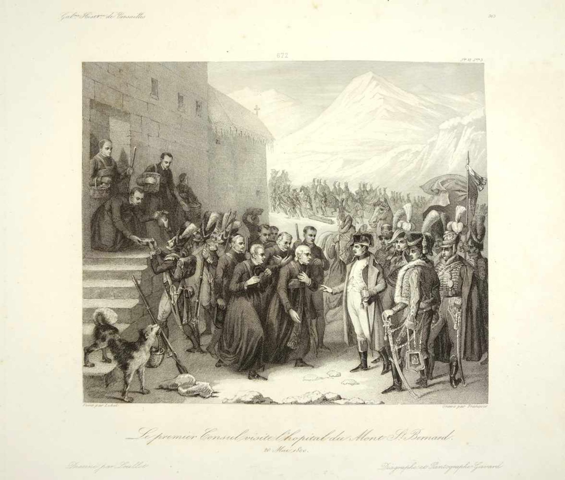 Stahlstich "Napoléon besucht das Hospiz auf dem Großen St.-Bernard, 20. Mai 1800", Francois nach