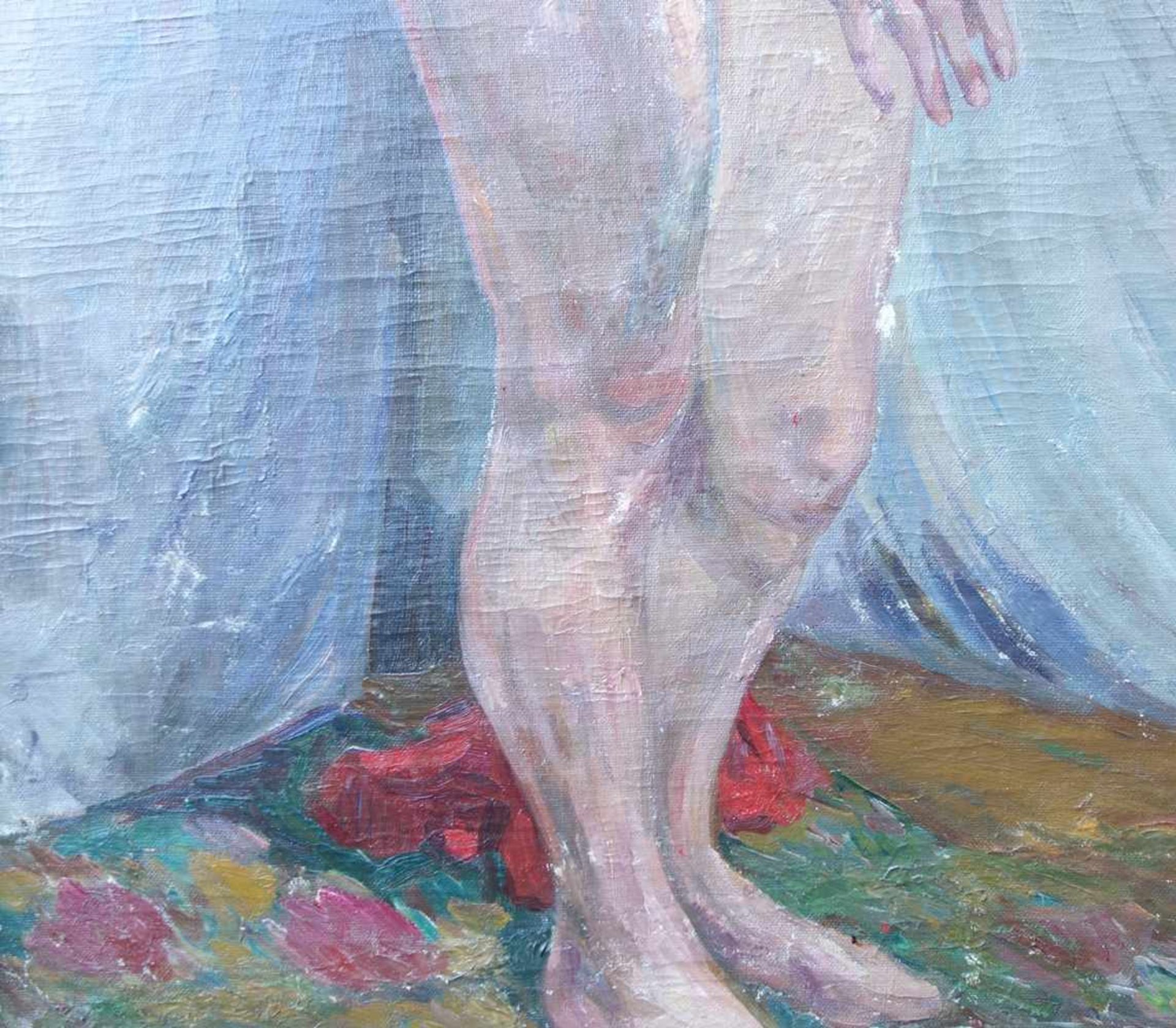 unbekannter Impressionist, "Stehender weiblicher Akt", um 1900, Öl/Lw., unbekleidete Dame mit - Bild 4 aus 5