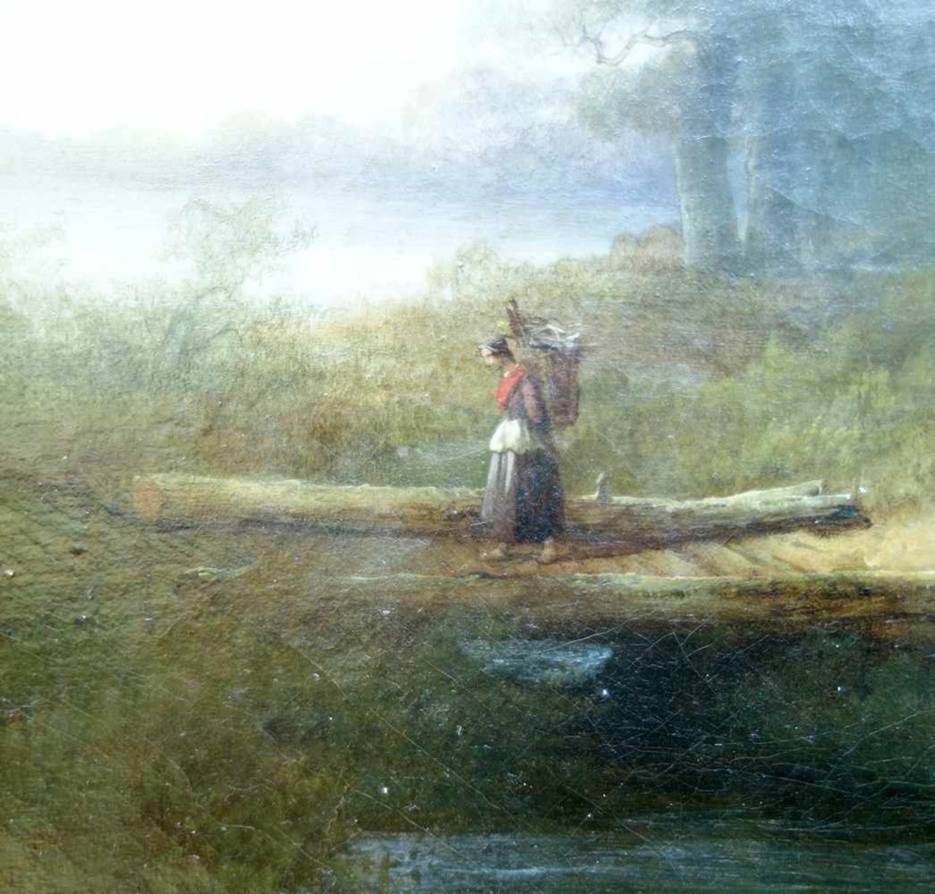 unbekannter Maler der Romantik, "Reisigsammlerin am Waldrand", Mitte 19. Jahrhundert, Öl/Leinwand, - Bild 2 aus 6