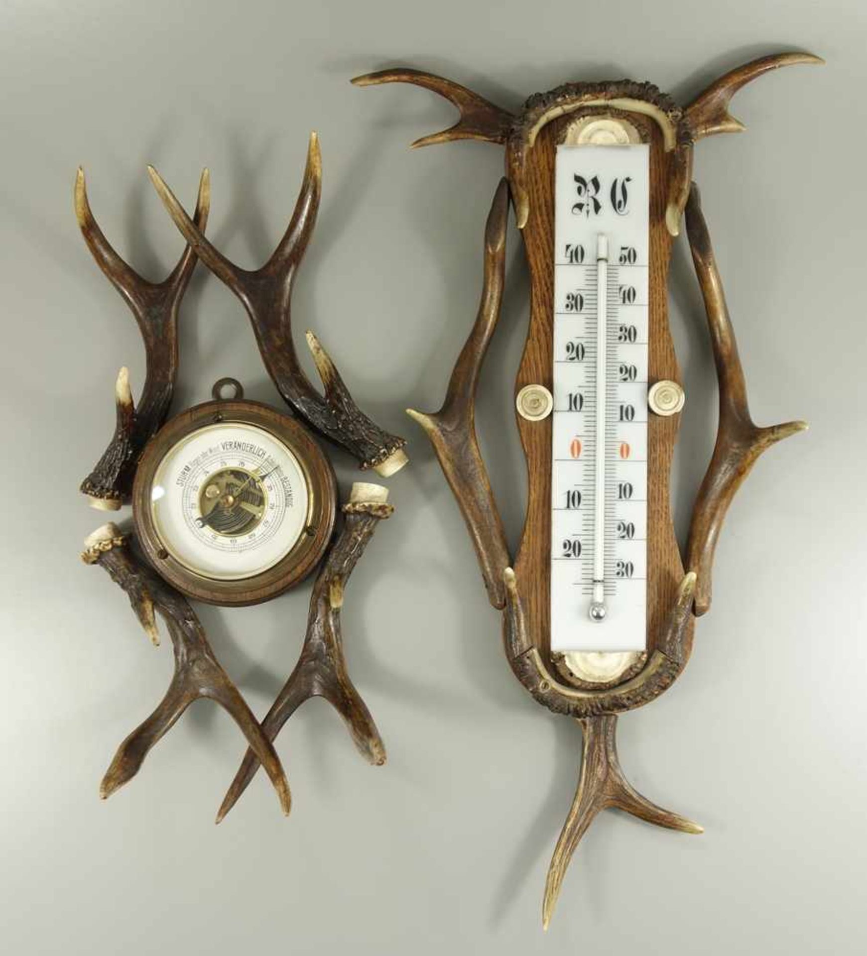 Barometer und Thermometer, Hirschhorn, 20er/30er Jahre, Thermometer-H.50cm, Barometer-H.35cm,