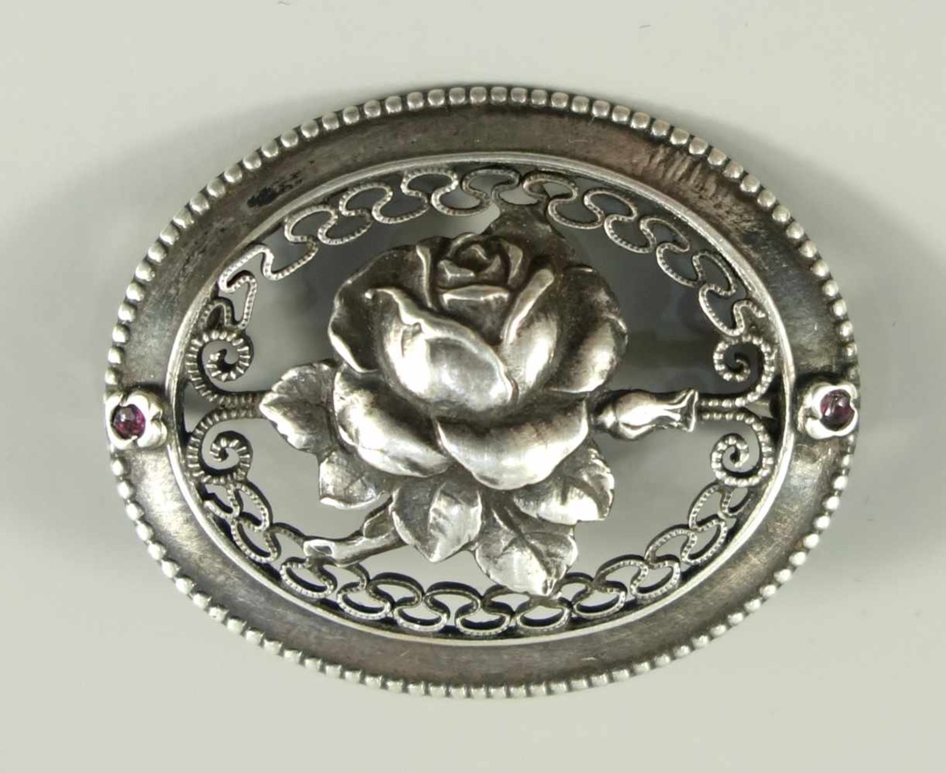 Brosche mit Rosenblüte, 800er Silber, Silberschmiedearbeit, ungedeutete Meisterpunze,