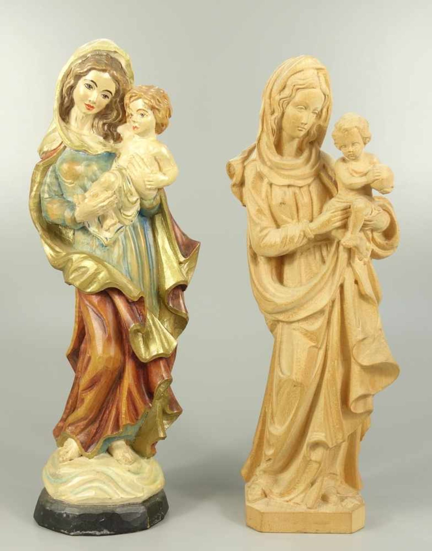 2 Madonnafiguren, Italien und Süddeutschland, Lindenholz, 2. Hälfte 20.Jh., geschnitzt, davon eine