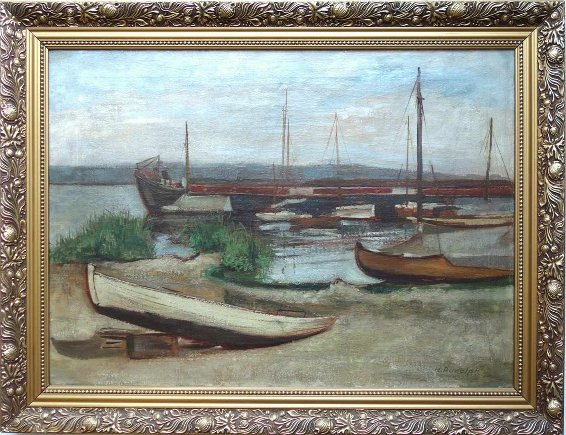 Hans Rudolph (1911, Niederwiesa - 1975, Frankenberg), "Boote am Elbufer", Mitte 20. Jahrhundert,