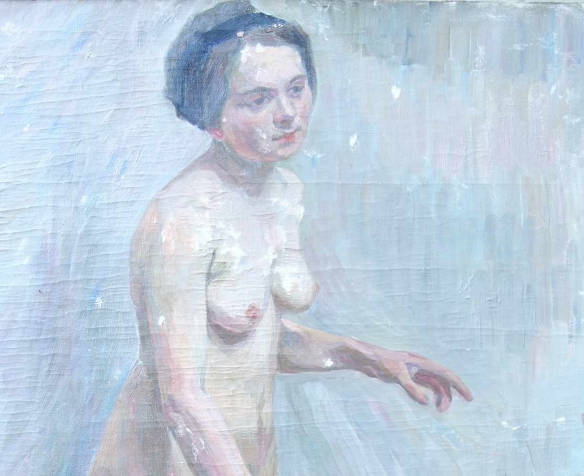 unbekannter Impressionist, "Stehender weiblicher Akt", um 1900, Öl/Lw., unbekleidete Dame mit - Bild 3 aus 5