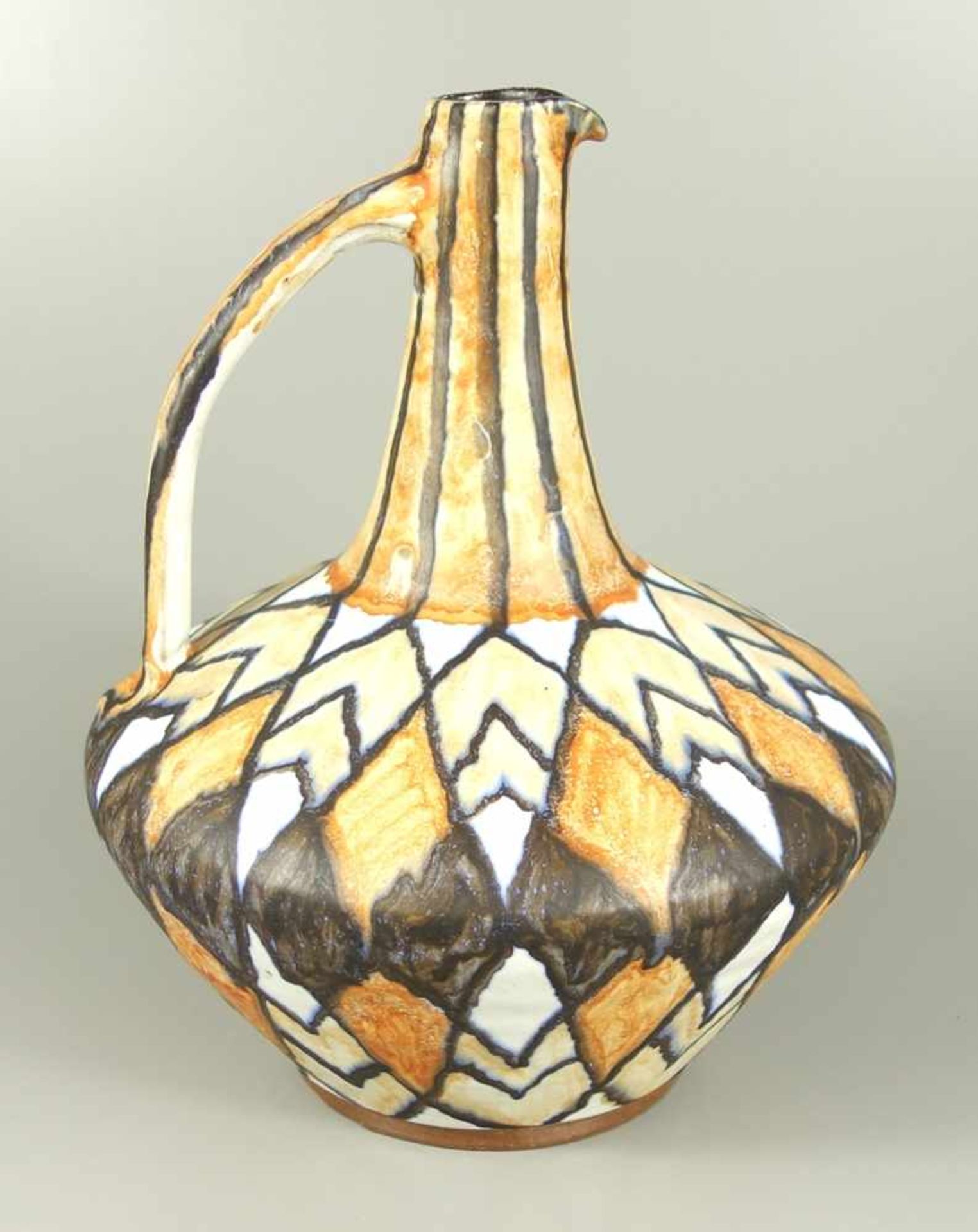 Kanne, Juist-Keramik, Studio-Keramik, 60er Jahre, brauner Scherben, geomerische Glasur, in Braun,