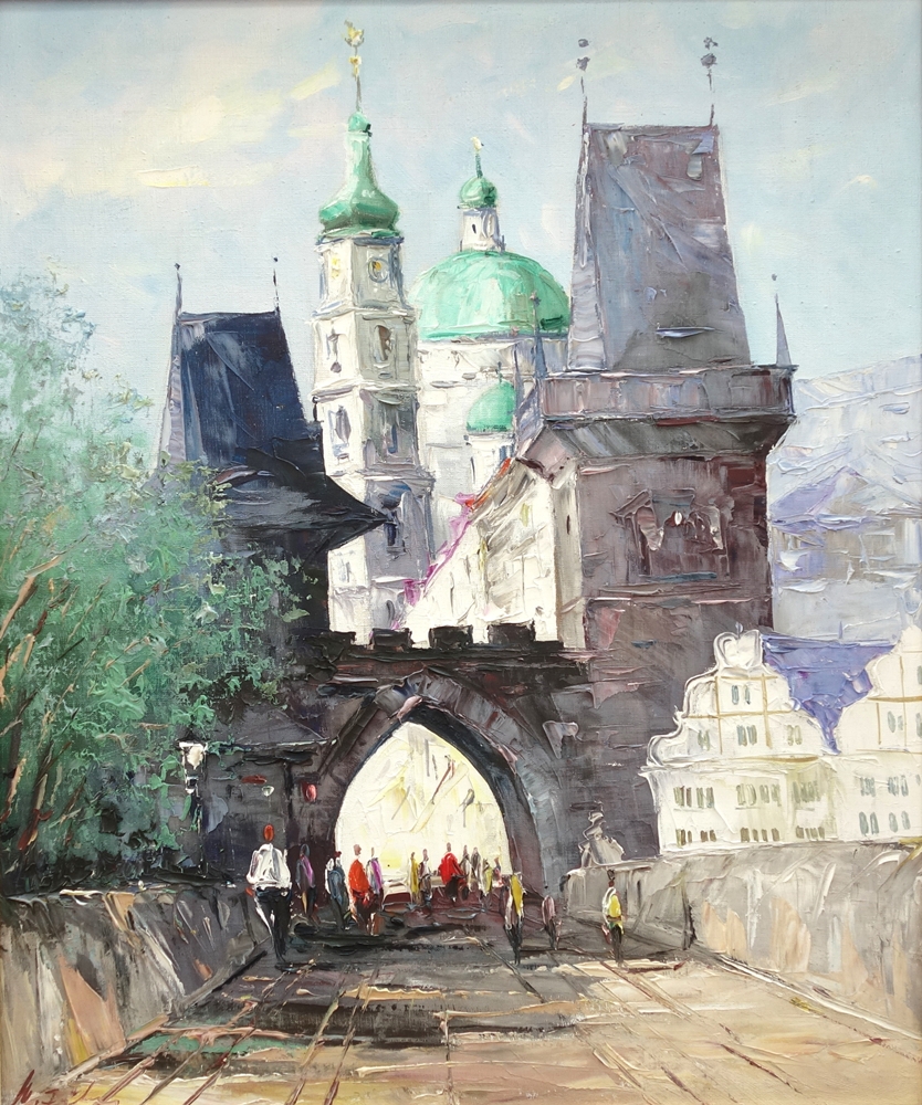 Manfred Feiler (*1925, Plauen - 2020, ebd.), "Karlsbrücke in Prag", 1960/70er Jahre, Öl/Lw., unten - Image 2 of 3