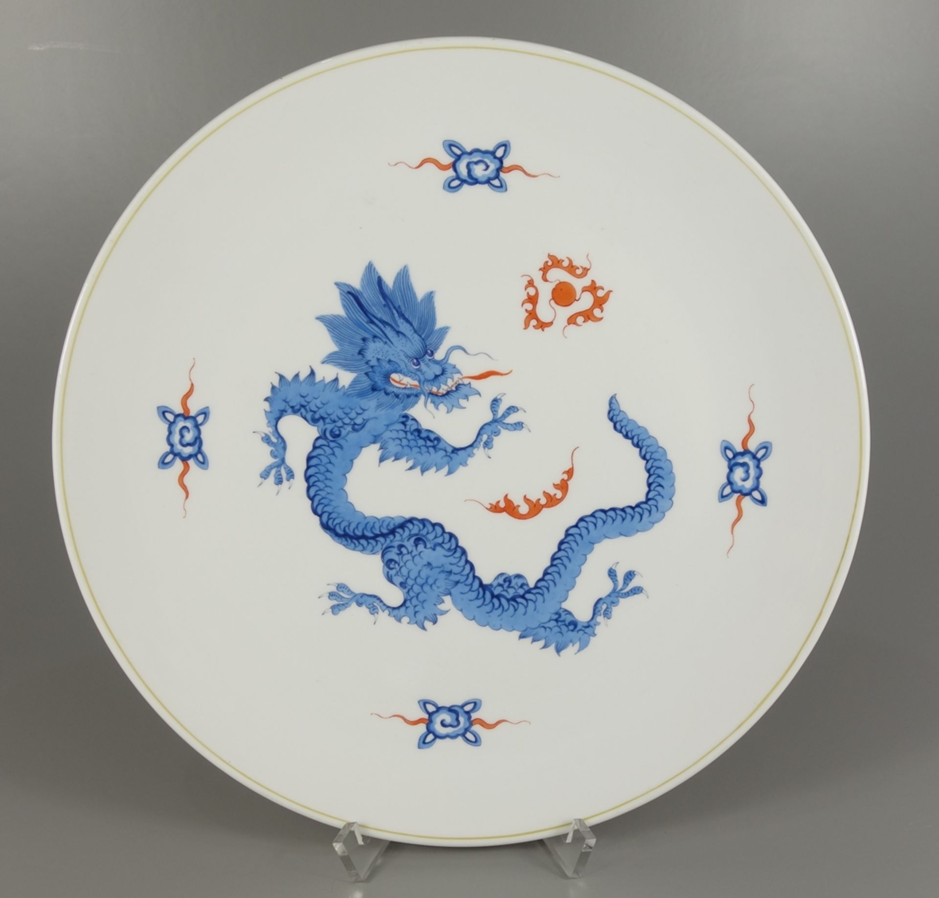 Wandteller, blauer Mingdrache, Meissen, um 1900, D.25,5cm, unterglasurblaue Schwertermarke mit 2