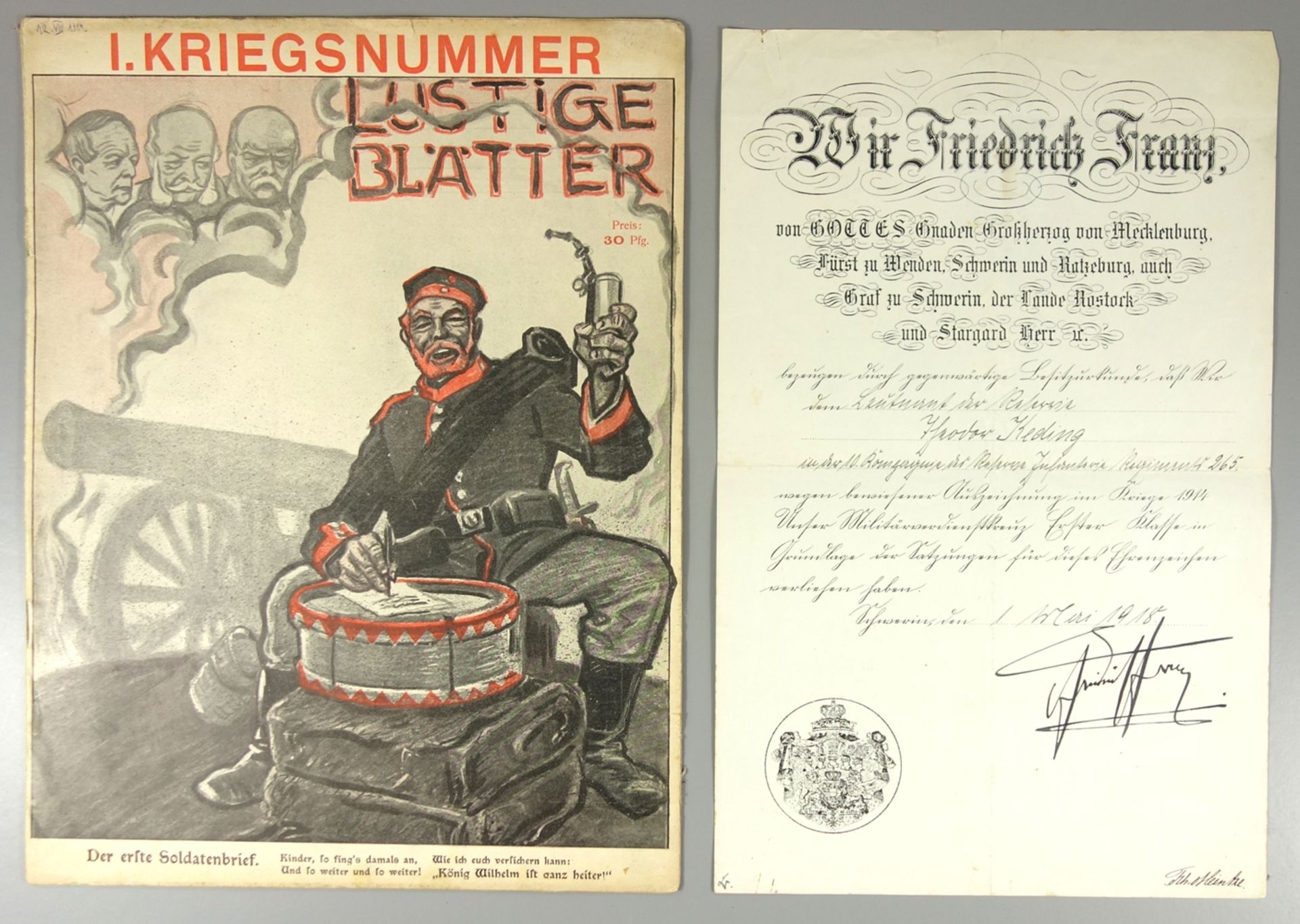 1.Kriegsnummer / Lustige Blätter und Verleihungsurkunde von 1918 zum Militär-Verdienstkreuz 1.Klasse