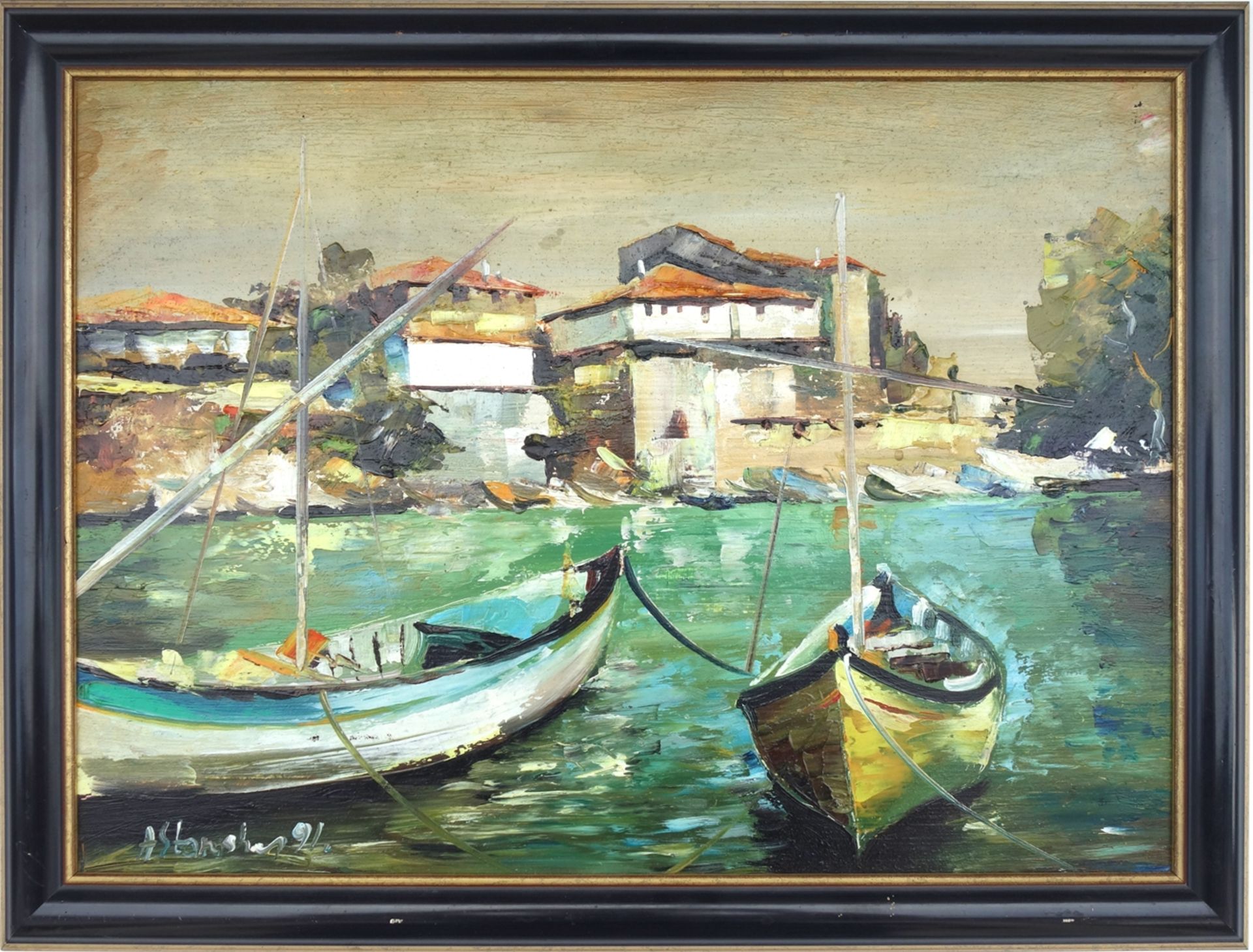 A.Stanish, "Mediterraner Hafen", Öl/Hf., 1991, unten links signiert/datiert, HB 29*39,5cm; in