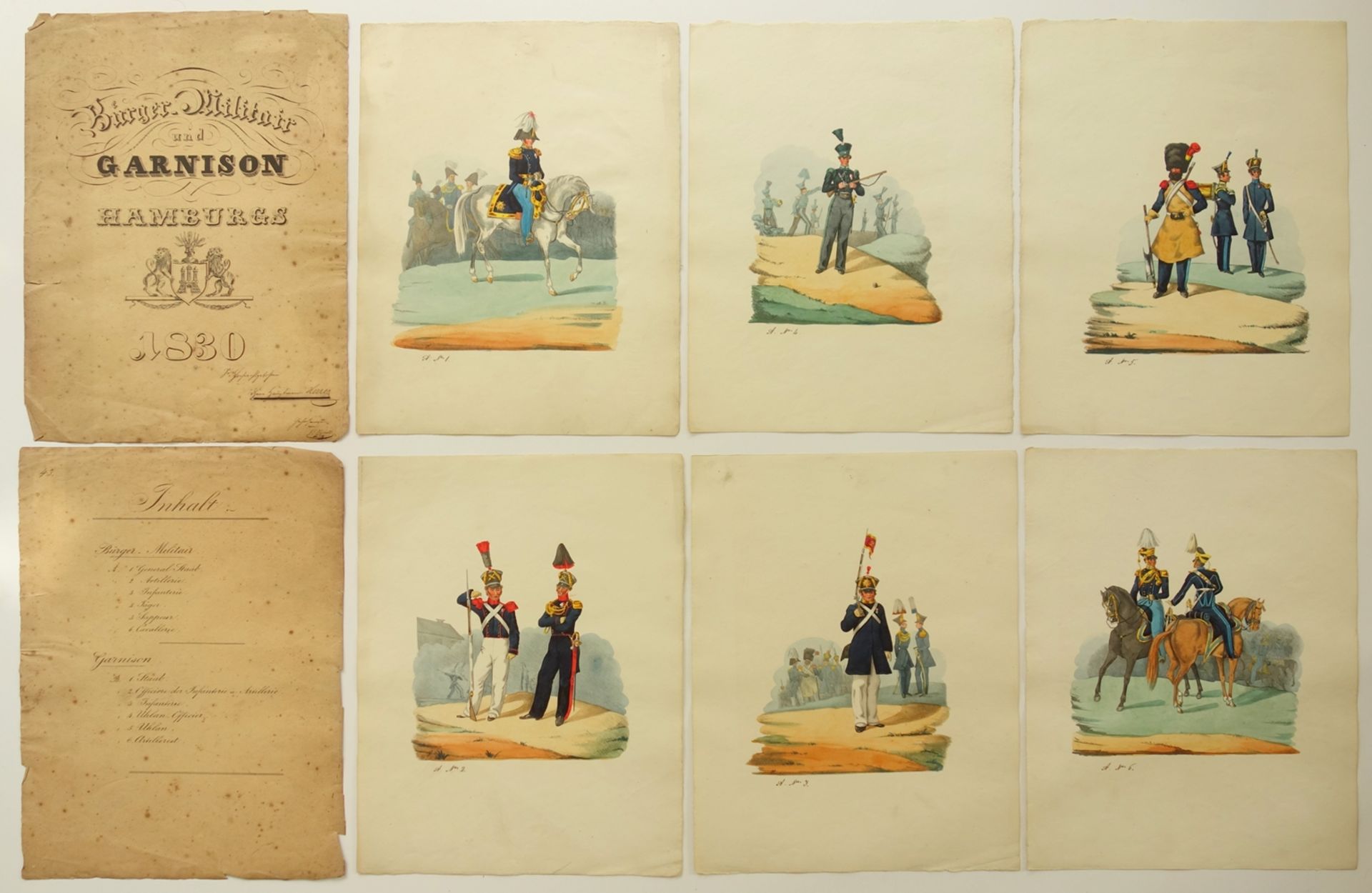 Sammlung mit 12 kolorierten Lithografien "Bürger-Militair und Garnison Hamburgs", 1830, von Hans
