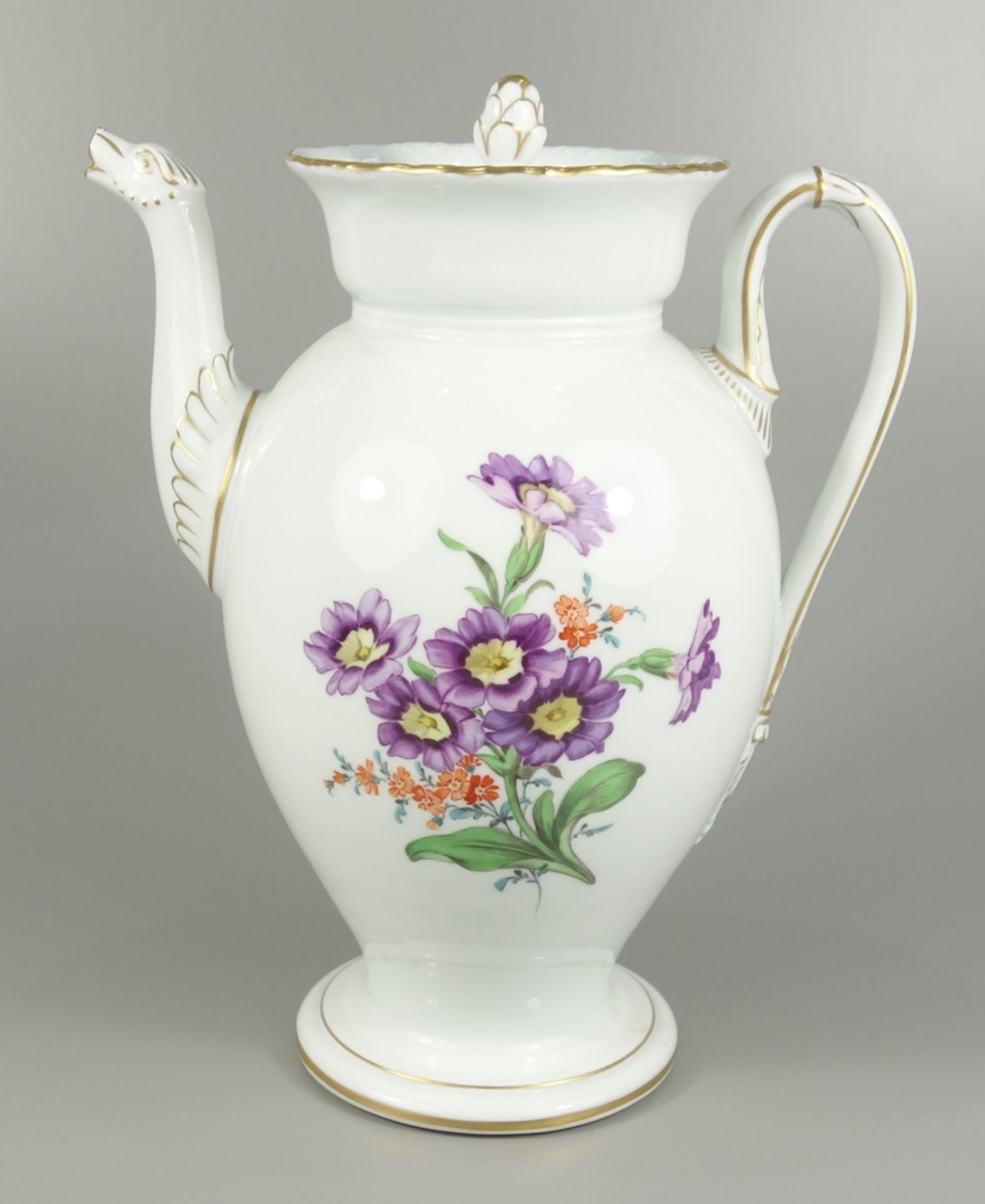 Kaffeekanne mit Tierkopfausguss, Bunte Blume, Meissen, Pfeifferzeit, 1924-34, I.Wahl, H.24cm, - Bild 2 aus 3