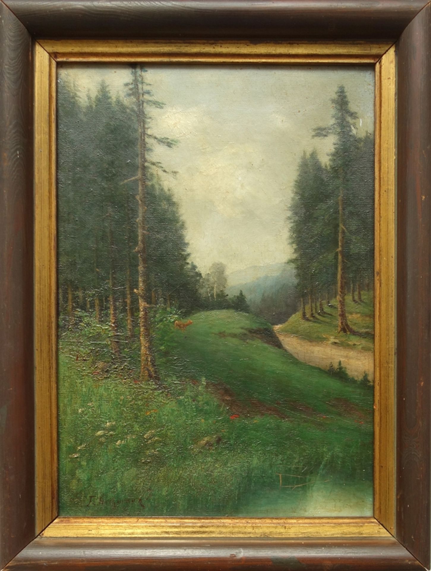 undeutlich signiert, "Waldweg mit Reh", um 1910, Öl/Leinwand, unten links signiert, HB 38*27,5cm,