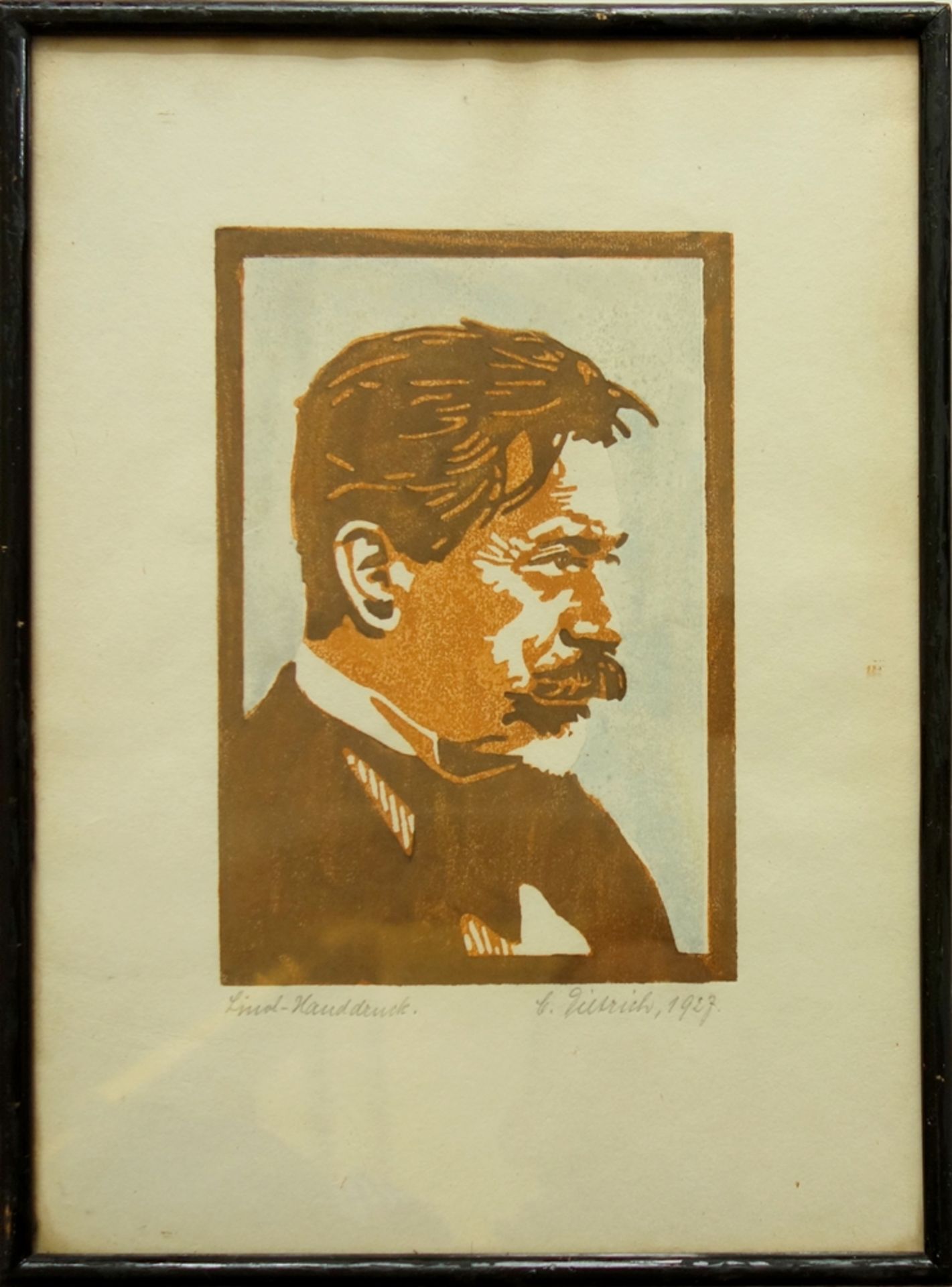 G. Dietrich, "Herrenporträt, wohl Albert Schweitzer", 1927, Farblinolschnitt, unten rechts