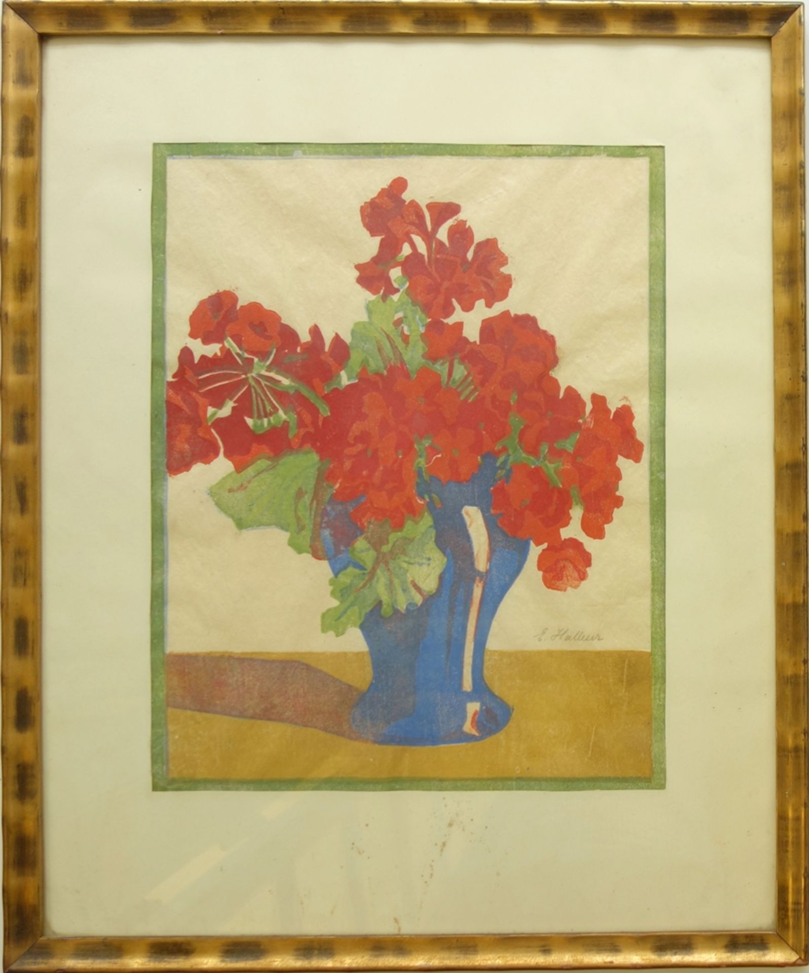 Erna Halleur (ca. 1885-1940), "Rote Geranien", um 1910, Farbholzschnitt/Japanpapier, signiert "E.