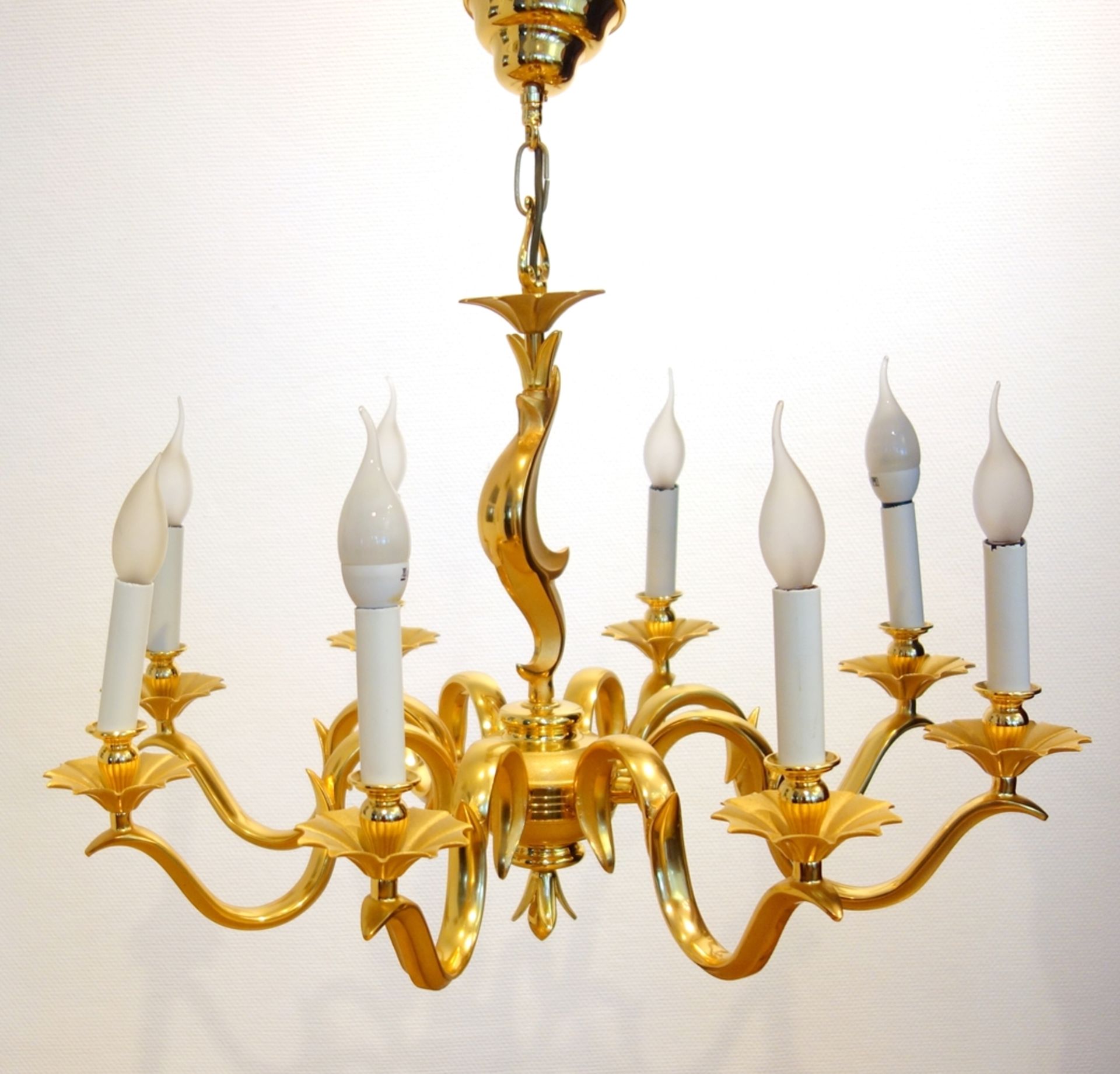 Set Deckenleuchter und 3 Wandlampen, wohl Italien, 2. Hälfte 20. Jh., Messing vergoldet, H. 67cm,