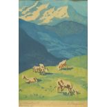 Ellen Tornquist (1871-?) "Ziegen in Alpenlandschaft", Farblinolschnitt, um 1920, unten rechts