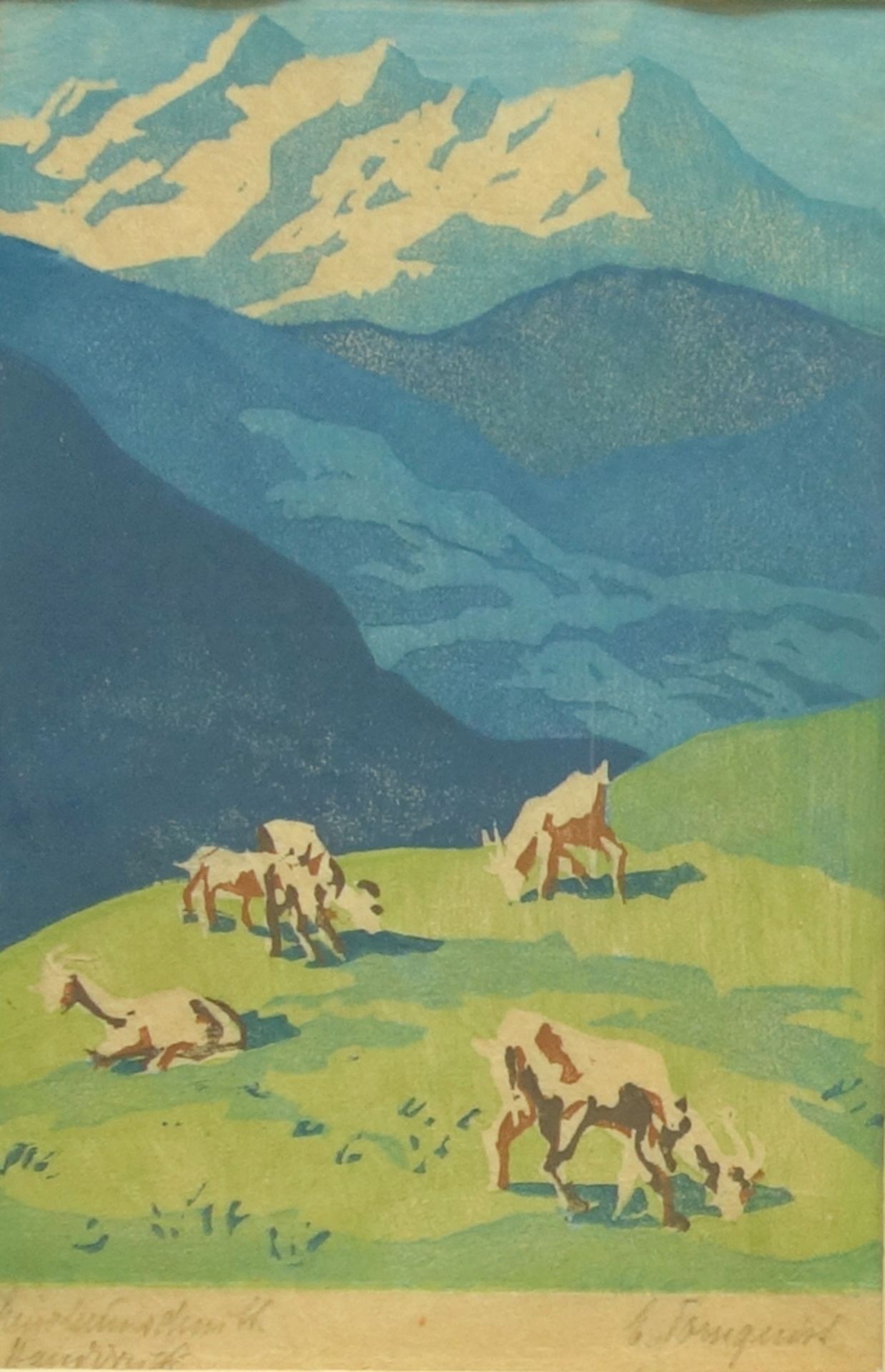 Ellen Tornquist (1871-?) "Ziegen in Alpenlandschaft", Farblinolschnitt, um 1920, unten rechts